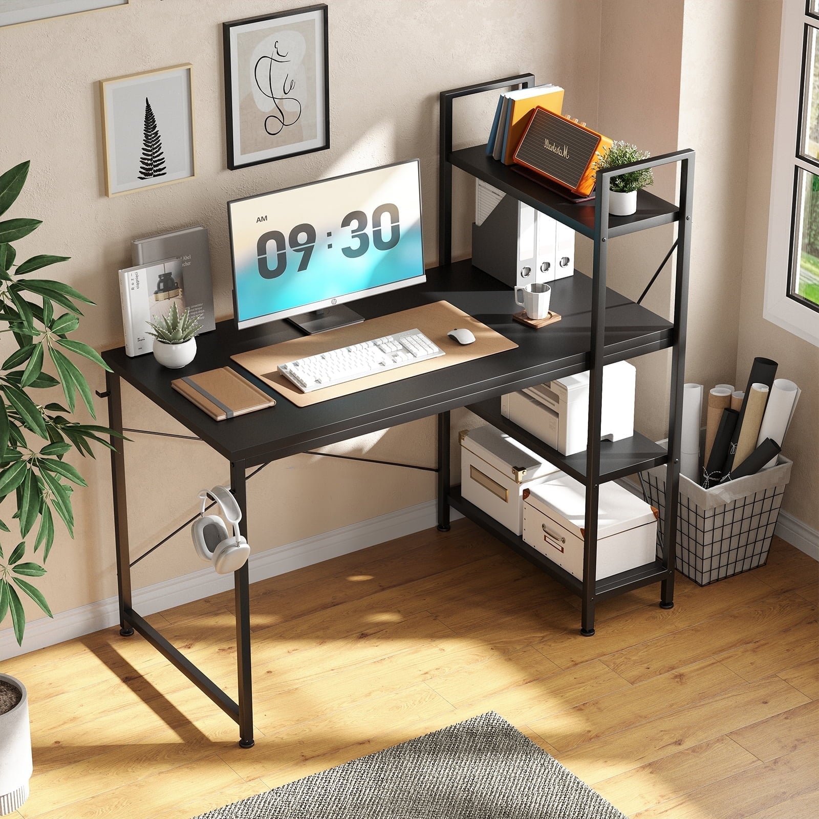 Furnibear 47 inch L-Shape Computer Desk, Wood Computer Desk with Reversible Shelves, Study Writing Table with Hooks, Office Desk Workstation for Home Office