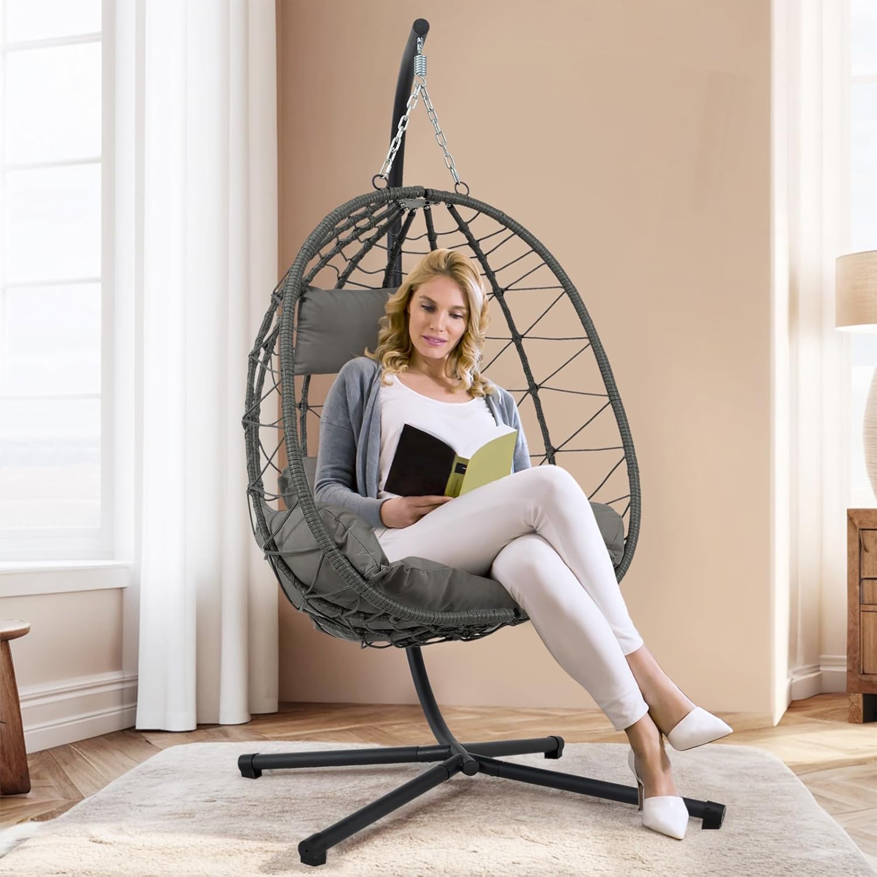 Furnibear Egg Chair with Stand,Patio Rattan Wicker Hanging Swing Egg Chair Hammock Chair for Bedroom Porch Garden,Thickened Aluminum Alloy Steel Frame
