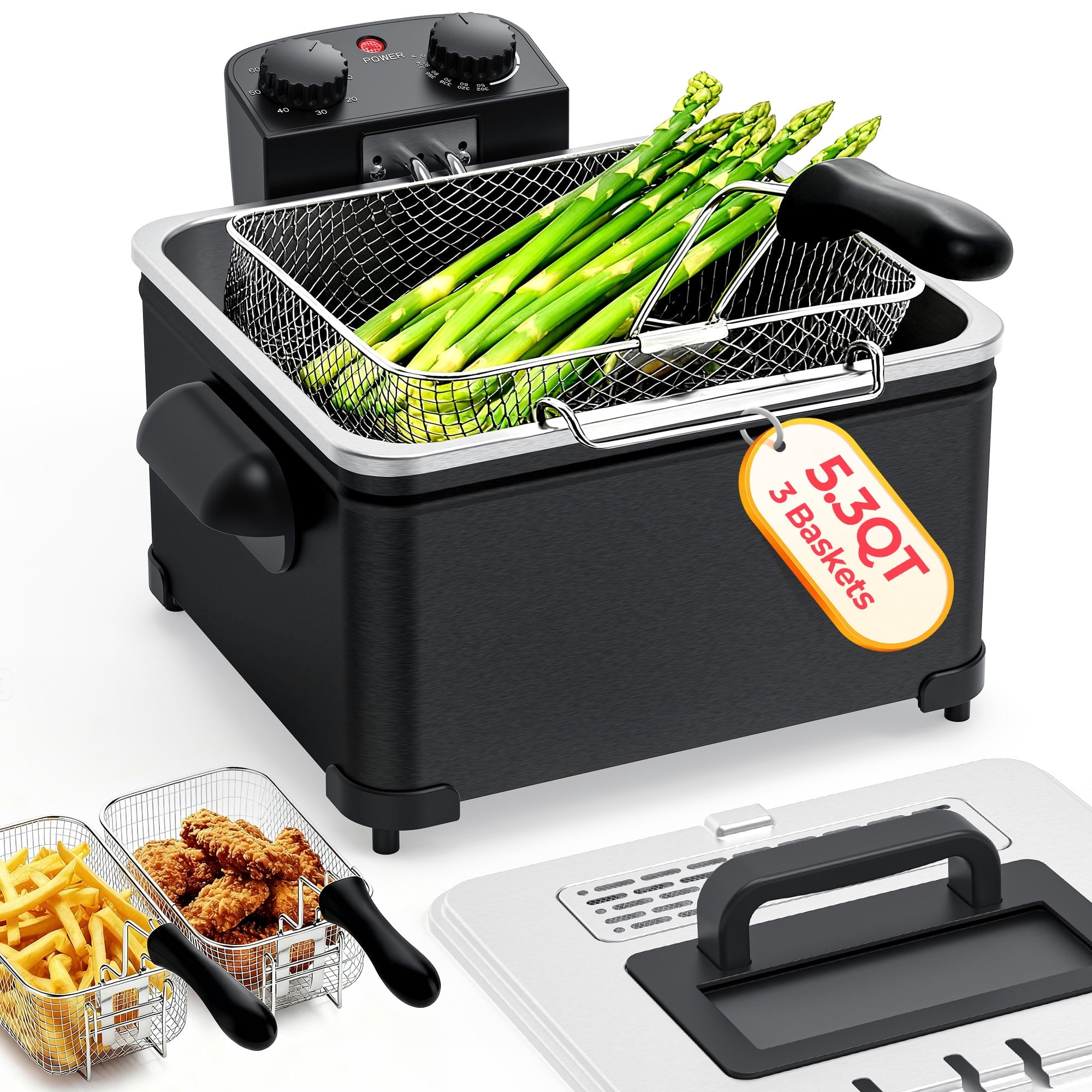 Furnibear Electric Deep Fryer with 3 Frying Baskets, 5L 1700W Large Fryer Adjustable Temperature,View Window Lid for Kitchen, Fry Fish for Home Use,Black