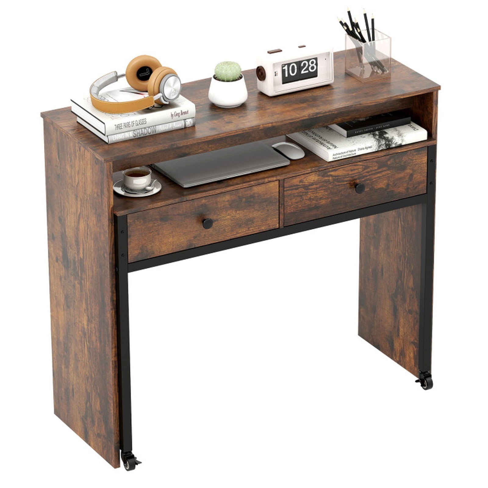 Furnibear Extendable Convertible Computer Desk with 2 Storage Drawers,