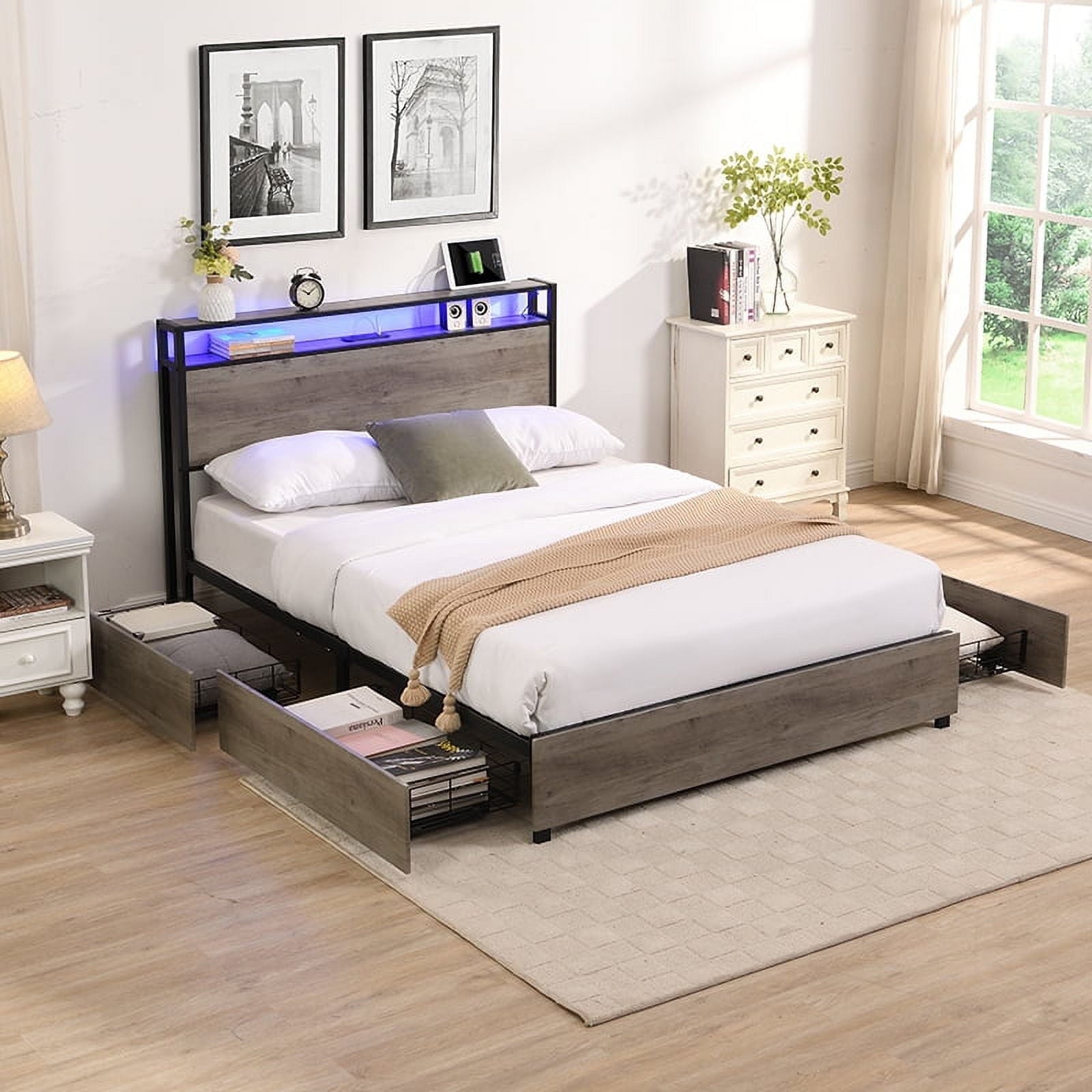 Furnibear Full Bed Frame with USB Charging Station and Storage Headboard, Heavy-Duty Shake-Free Platform, No Box Spring Needed, Easy Tool-Free Assembly, Gray
