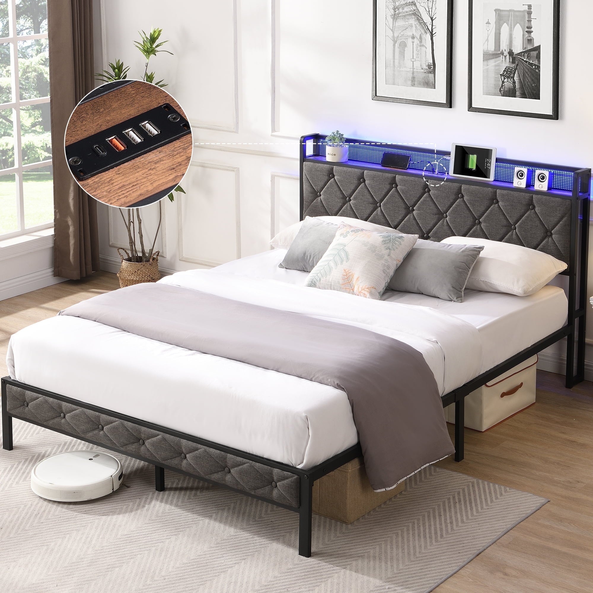 Furnibear Full Bed Frame with RGB LED Lights, Charging Station And Sto