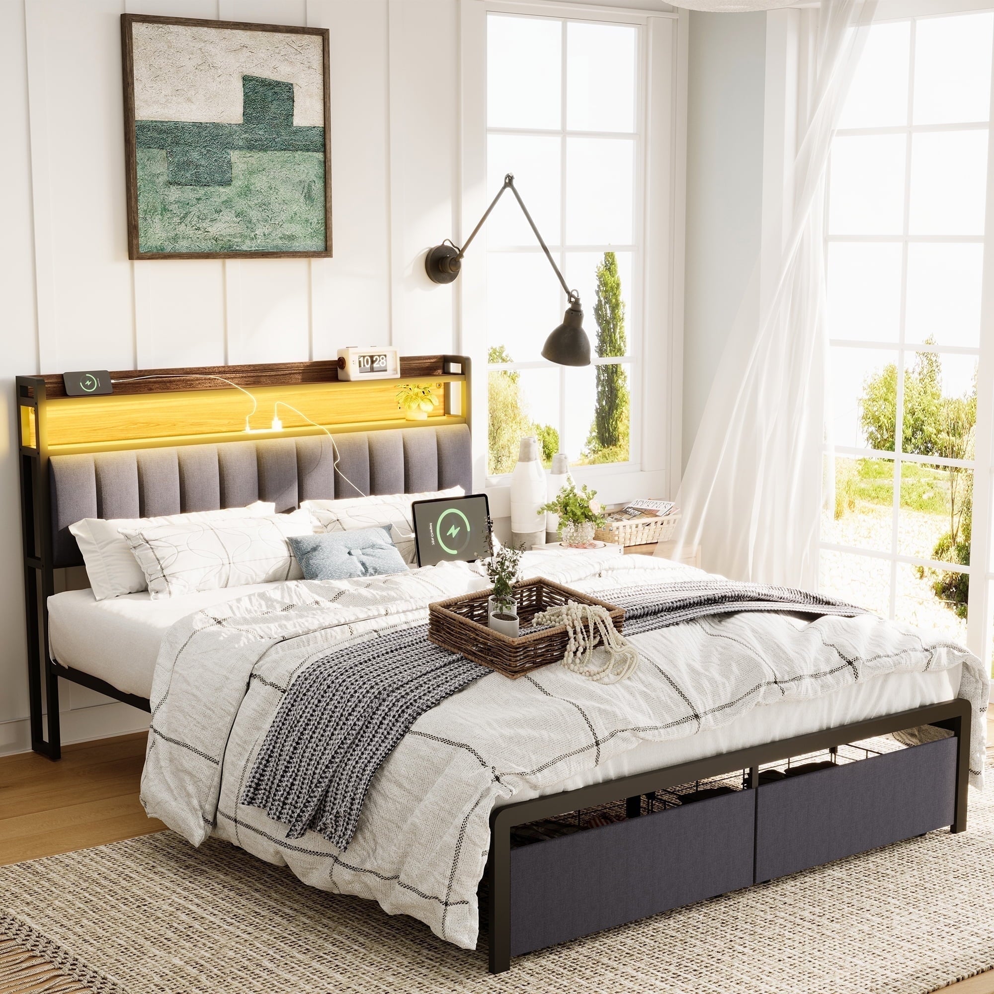 Furnibear Full Bed Frame with Upholstered Storage Headboard and Drawers, LED Platform Bed with Charging Station, No Box Spring Needed