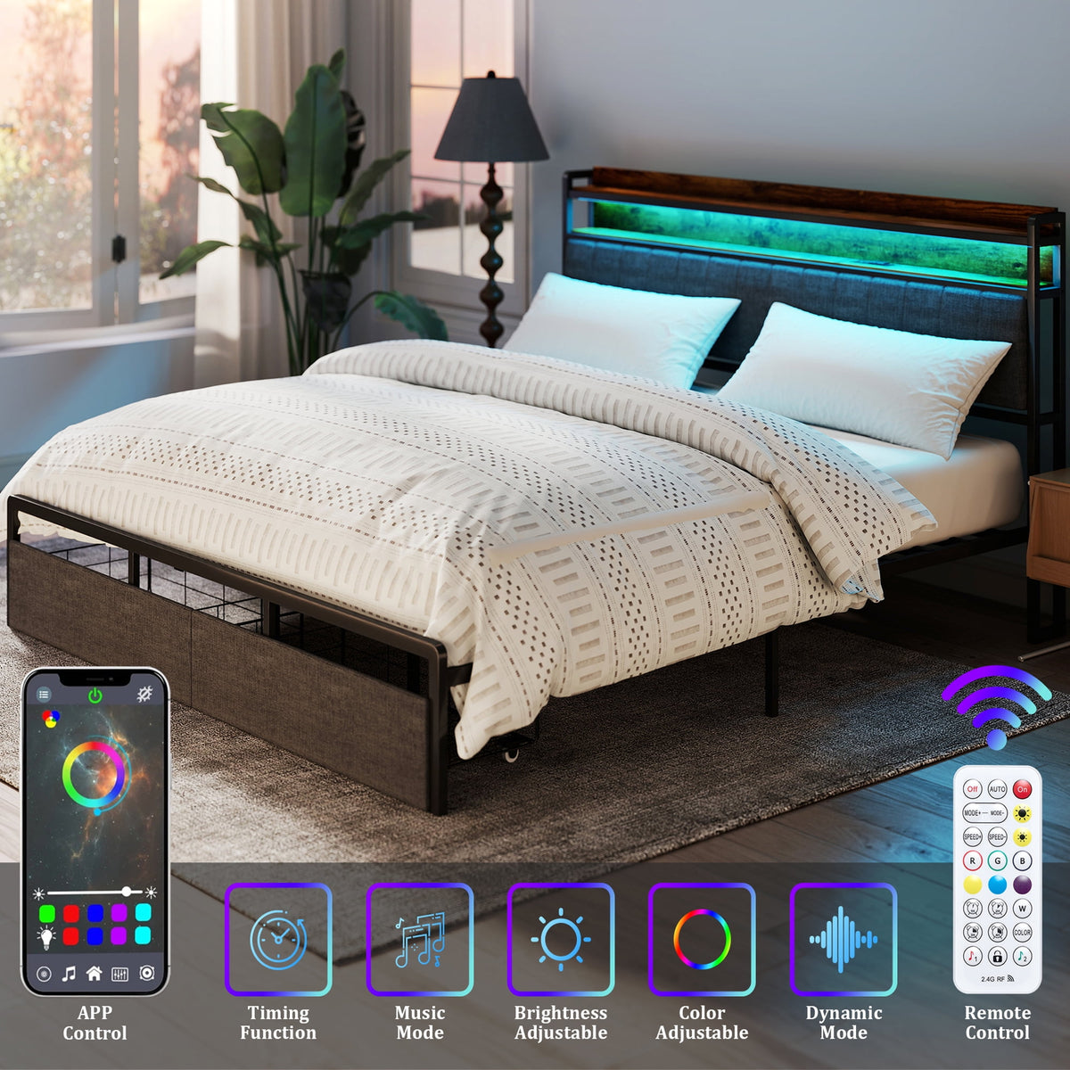 Furnibear LED Full Bed Frame with Upholstered Storage Headboard and Dr
