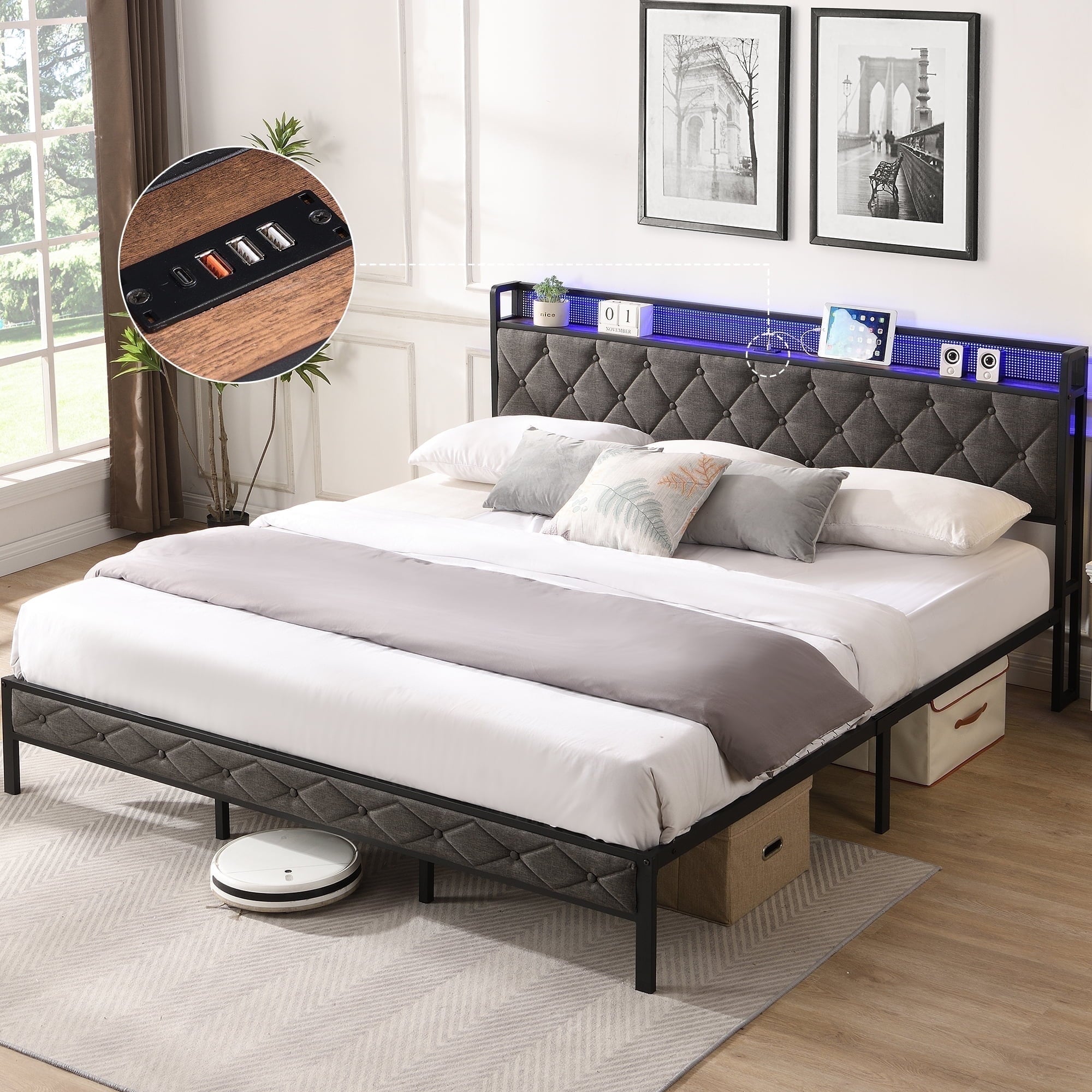 Furnibear King Bed Frame with RGB LED Lights, Charging Station And Sto