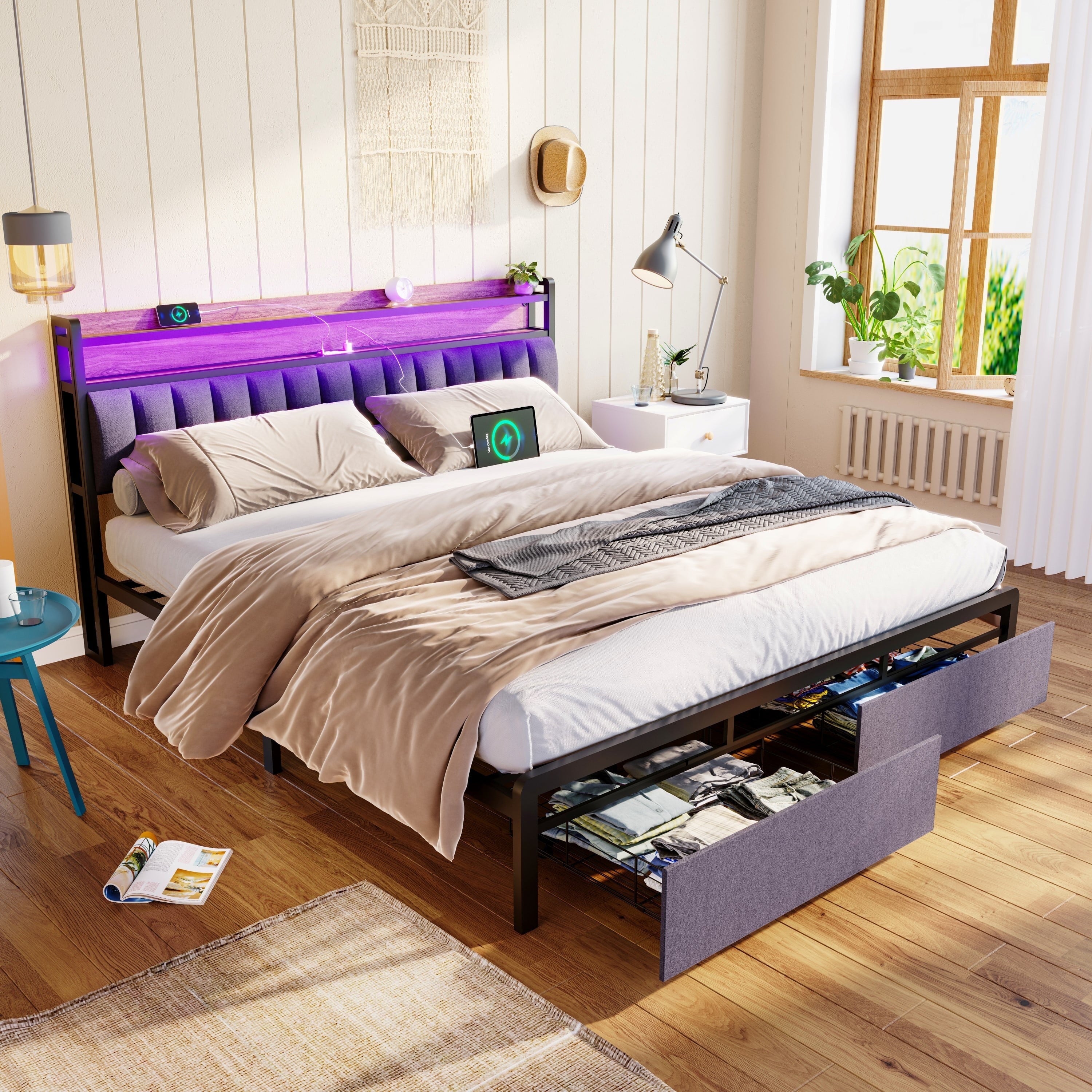 Furnibear King Bed Frame with Upholstered Storage Headboard and Drawers, LED Platform Bed with Charging Station, No Box Spring Needed