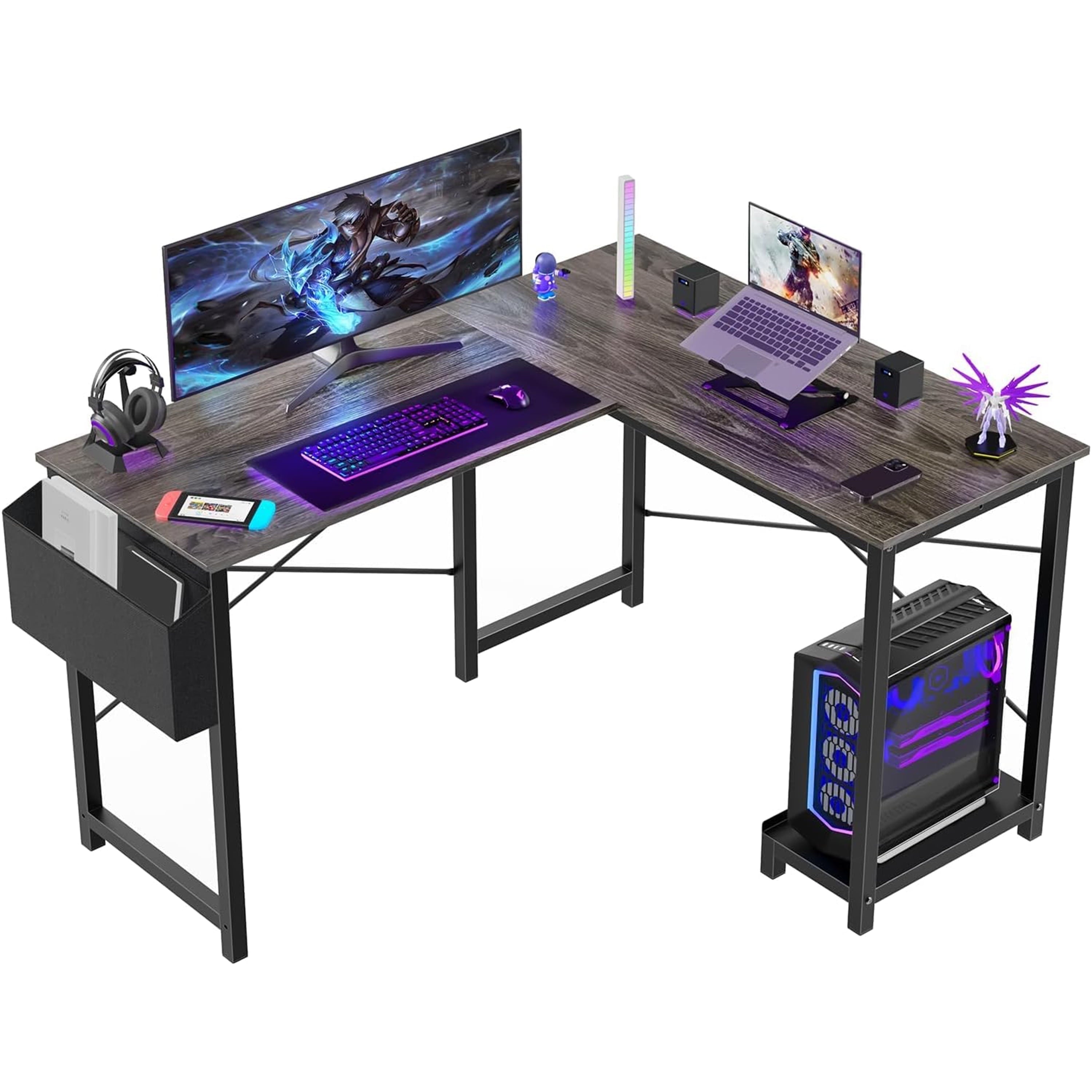 Furnibear L Shaped Computer Desk, Gaming Corner 50in PC Writing Study Student Table with Wooden Desktop CPU Stand Side Bag Reversible