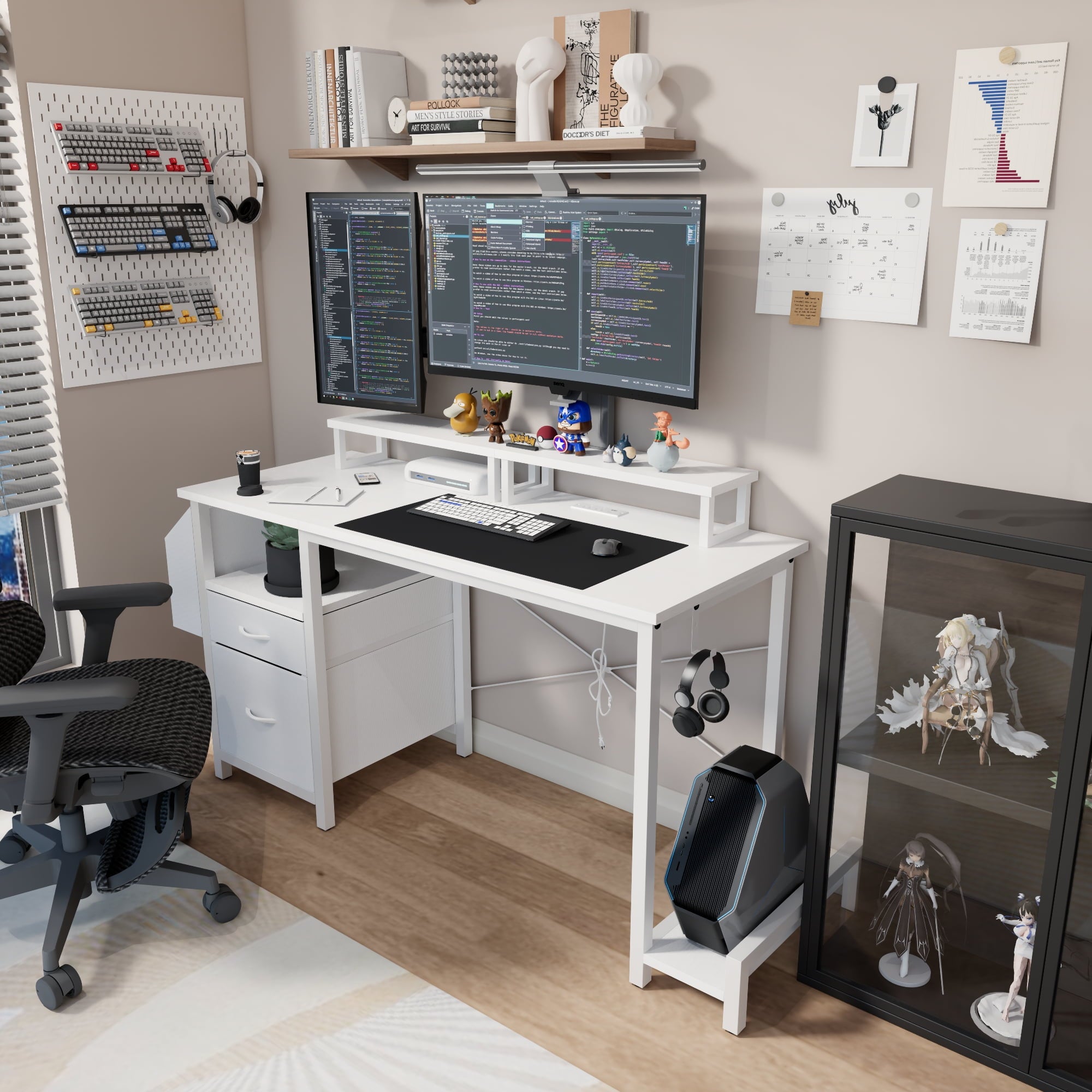 Furnibear Computer Desk with Drawer and Power Outlets, 47in Office Desk with 2 Monitor Stands and Fabric File Cabinet for Home Office, Small Space