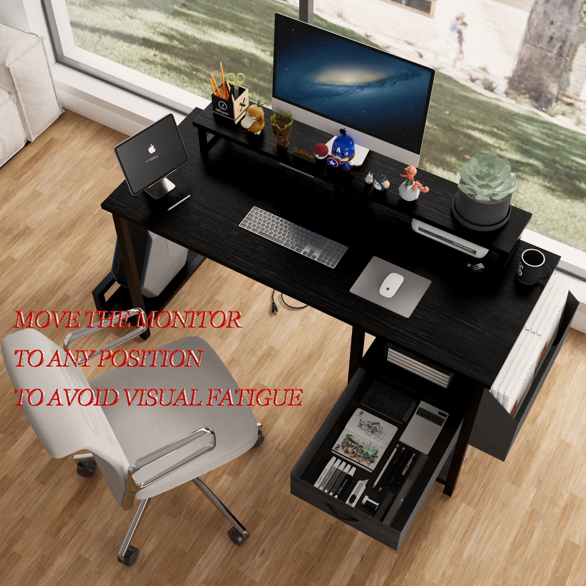 Furnibear Computer Desk with Drawer and Power Outlets, 47in Office Desk with 2 Monitor Stands and Fabric File Cabinet for Home Office, Small Space