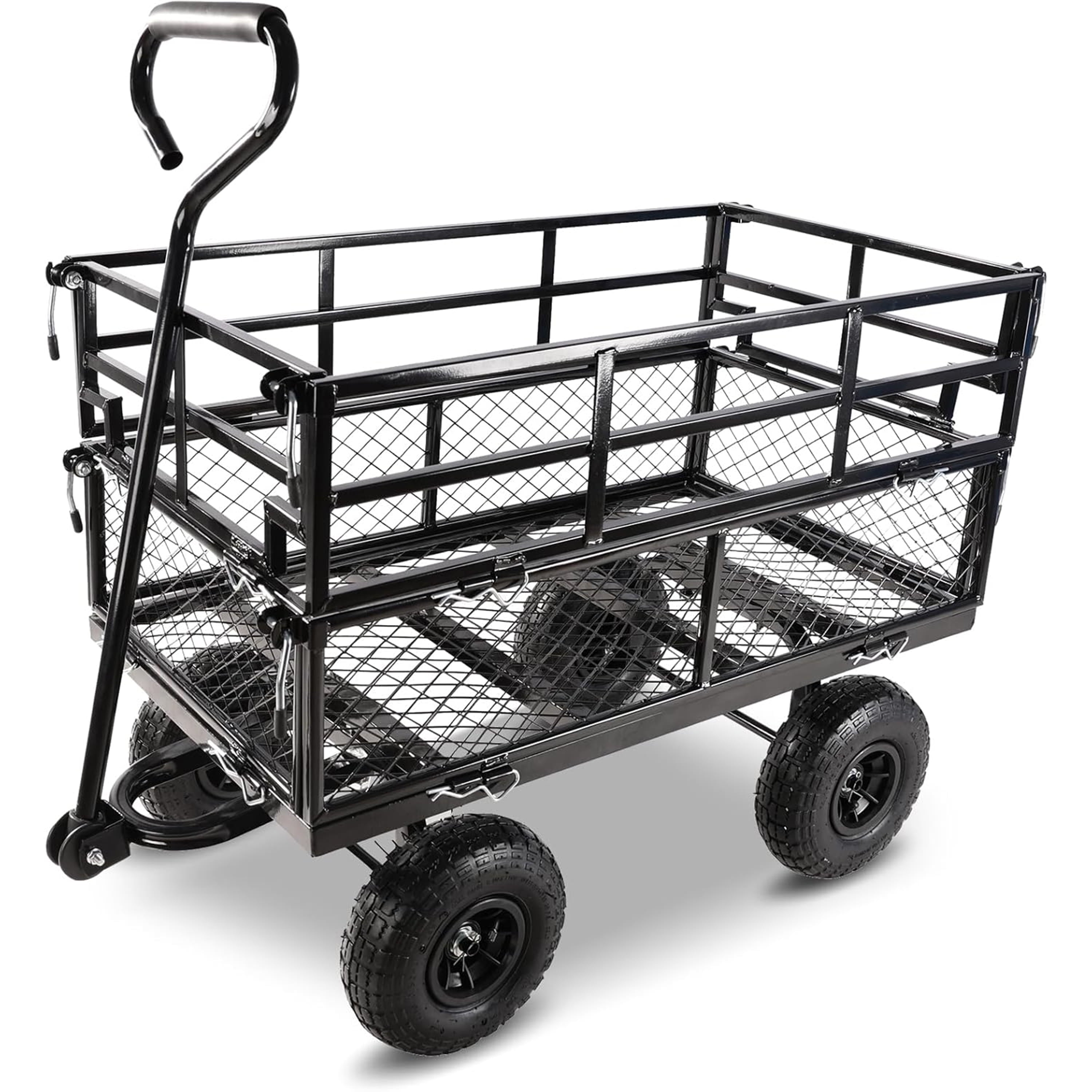 Furnibear Heavy Duty Steel Garden Cart 1500lbs Capacity, 6.35 cu ft, 40.55in x 27.56in Folding Utility Wagon with Double-Layer Removable Side, Black