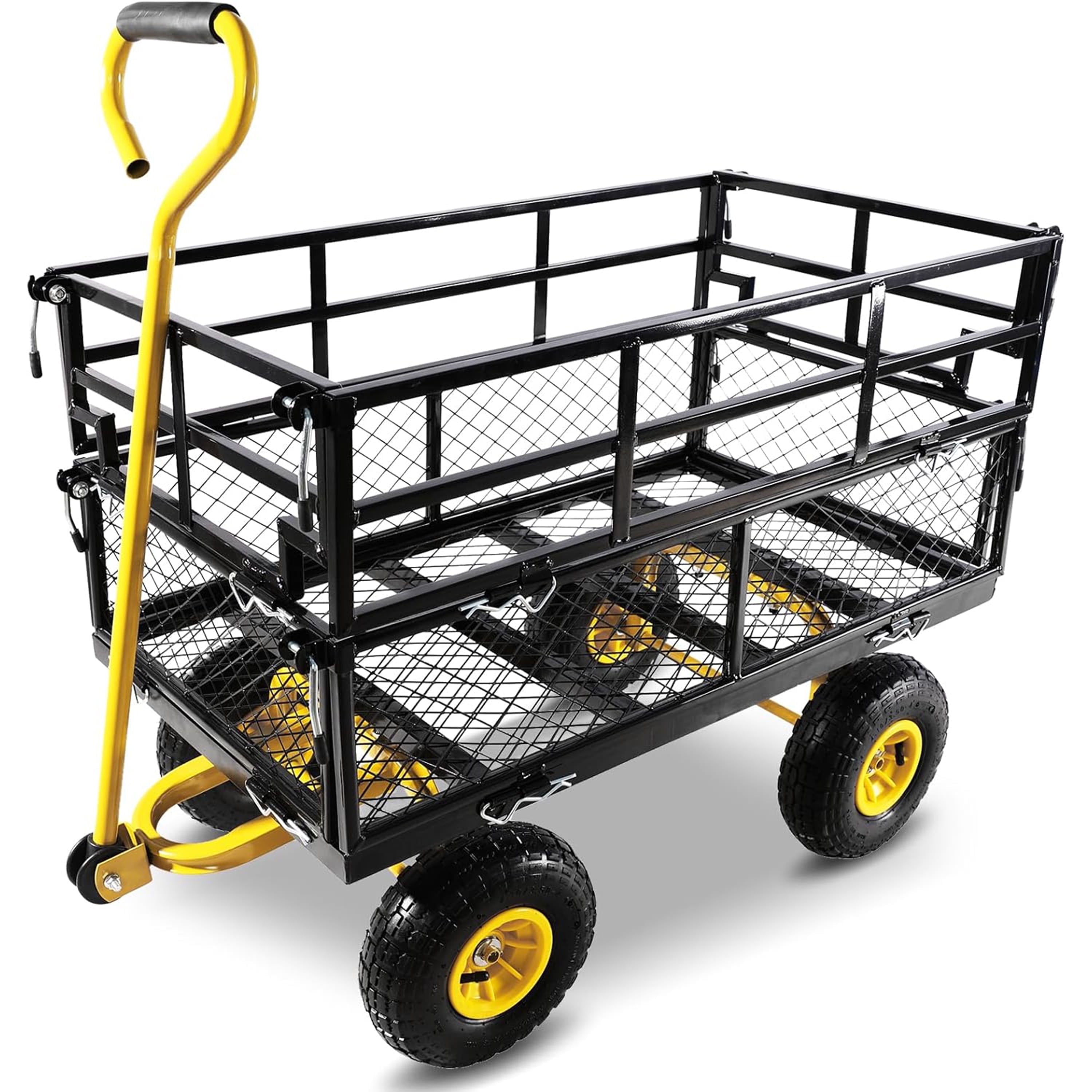 Furnibear Heavy Duty Steel Garden Cart 1500lbs Capacity, 6.35 cu ft, 40.55" x 27.56" Folding Utility Wagon with Double-Layer Removable Side, BlackandYellow