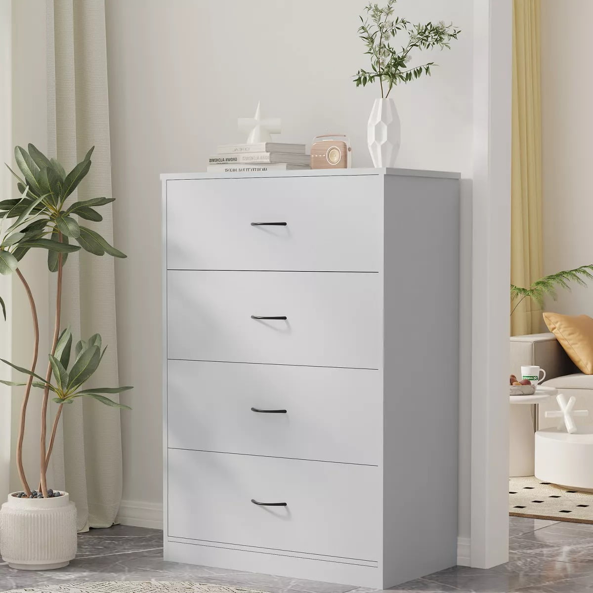 Furnibear Modern 4-Drawer Dresser for Bedroom, Compact Vertical Chest with Easy-Glide Handles, Space-Saving Wood Storage Cabinet in Light Gray ¨C Easy Assembly