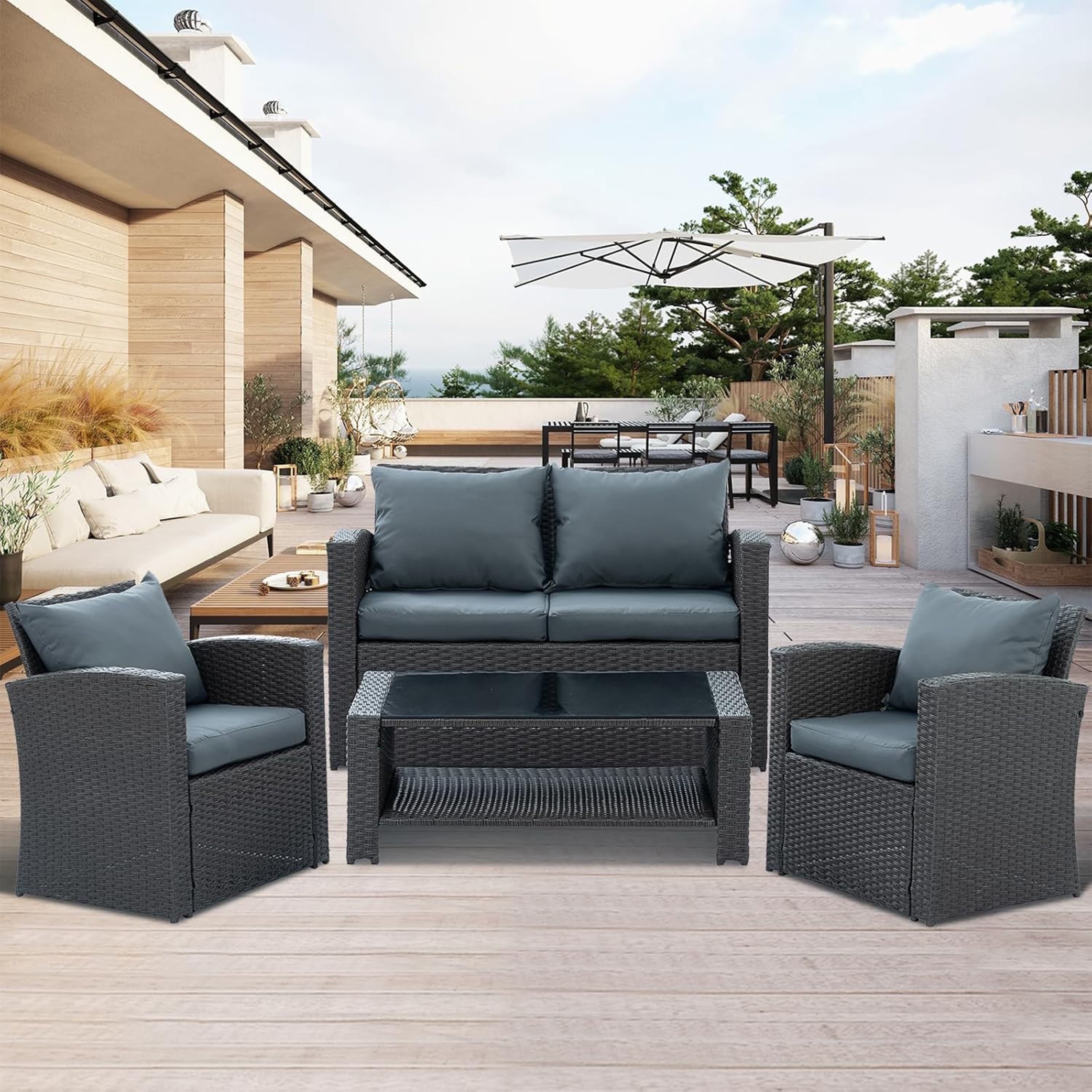 Furnibear 4 Pieces Patio Conversation Set, Outdoor Rattan Sectional Sofa, Cushioned Patio Furniture Set, Wicker Sofa Ideal for Garden, Porch, Backyard