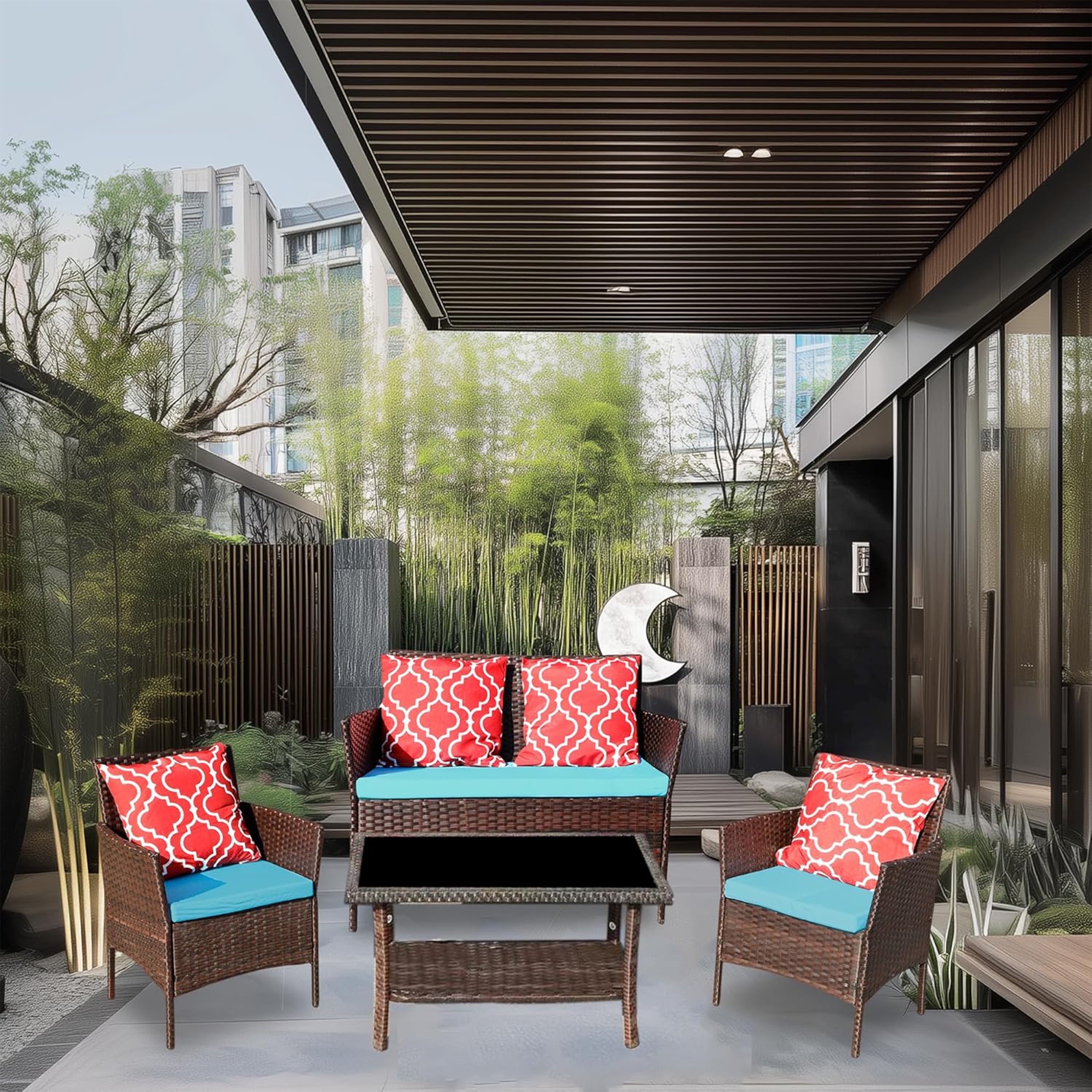 Furnibear Patio Furniture Set, 4 Pieces Outdoor Rattan Chair Wicker Sofa Garden Conversation Bistro Sets for Yard,Pool or Backyard