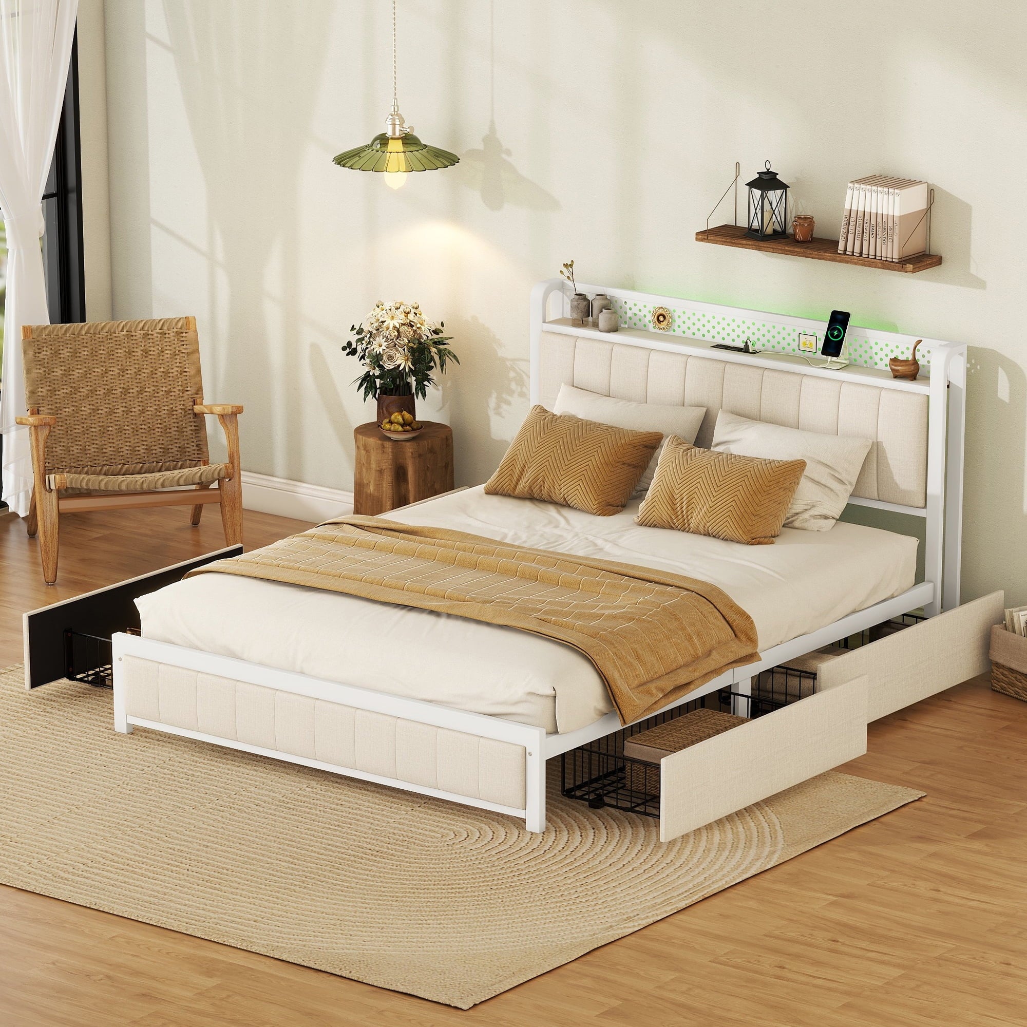 Furnibear Queen Bed Frame with LED Headboard, Upholstered Bed with 4 Storage Drawers and USB Ports, Beige