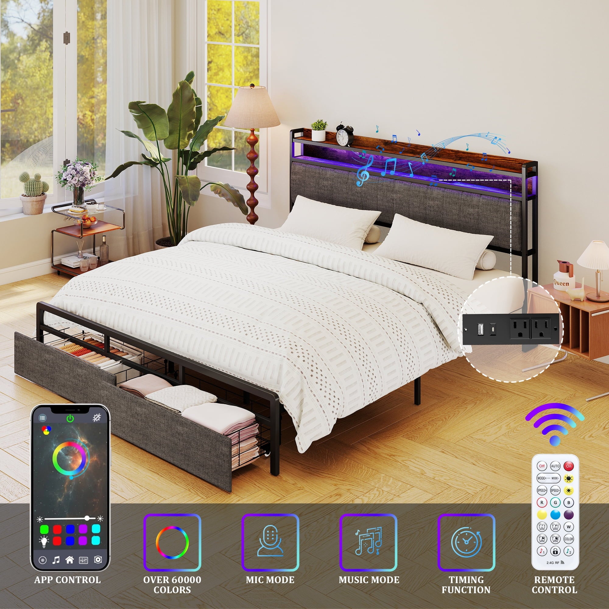 Furnibear LED Queen Bed Frame with Upholstered Storage Headboard and D