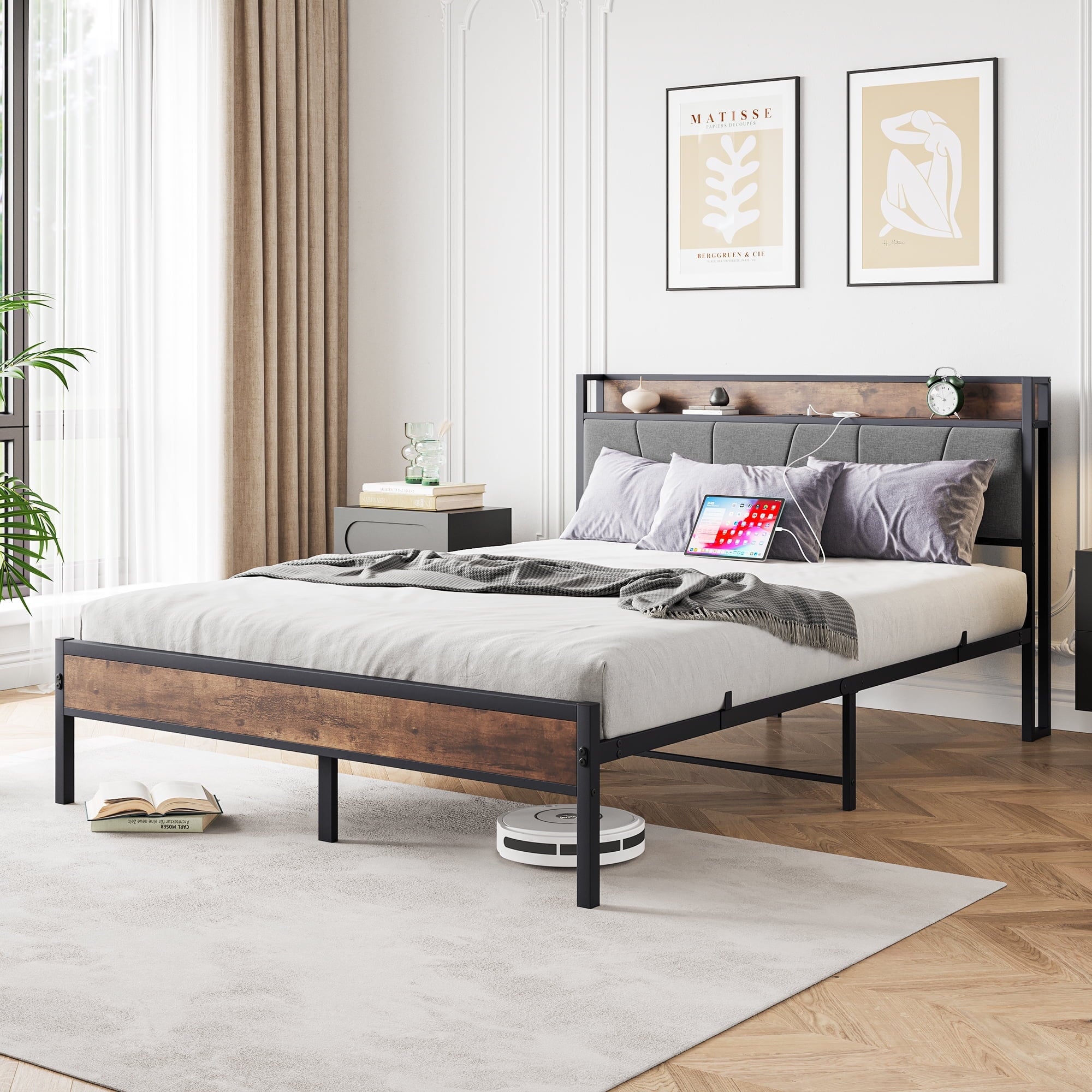 Furnibear Queen SIZE Bed Frame with Storage Headboard and USB Charging Station, Sturdy Shake-Free Platform, No Box Spring Needed, Easy Tool-Free Assembly