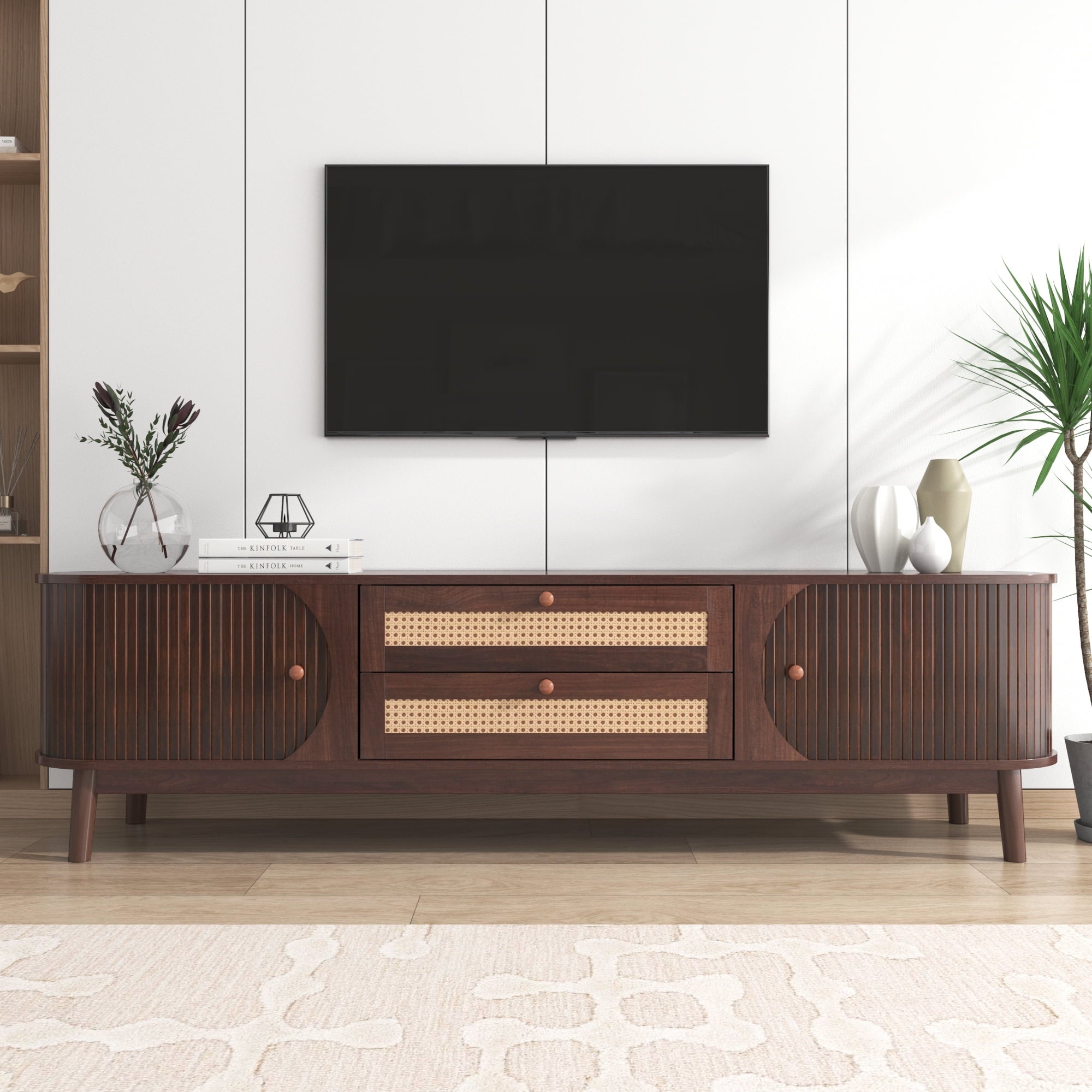 Furnibear Rattan TV Stand for TVs up to 75 inch, Modern Farmhouse Media Console, Entertainment Center with Solid Wood Legs, TV Cabinet for Living Room,Home Theatre