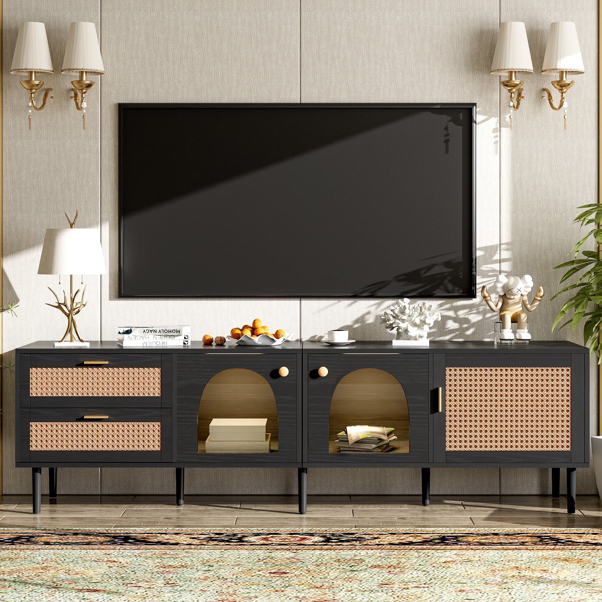 Furnibear Rattan TV Stand for TVs up to 80" with 3 Cabinets & 2 Drawers Media Console Table LED Light Entertainment Center, TV cabinet for Living room, Bedroom, Home Theatre,Black