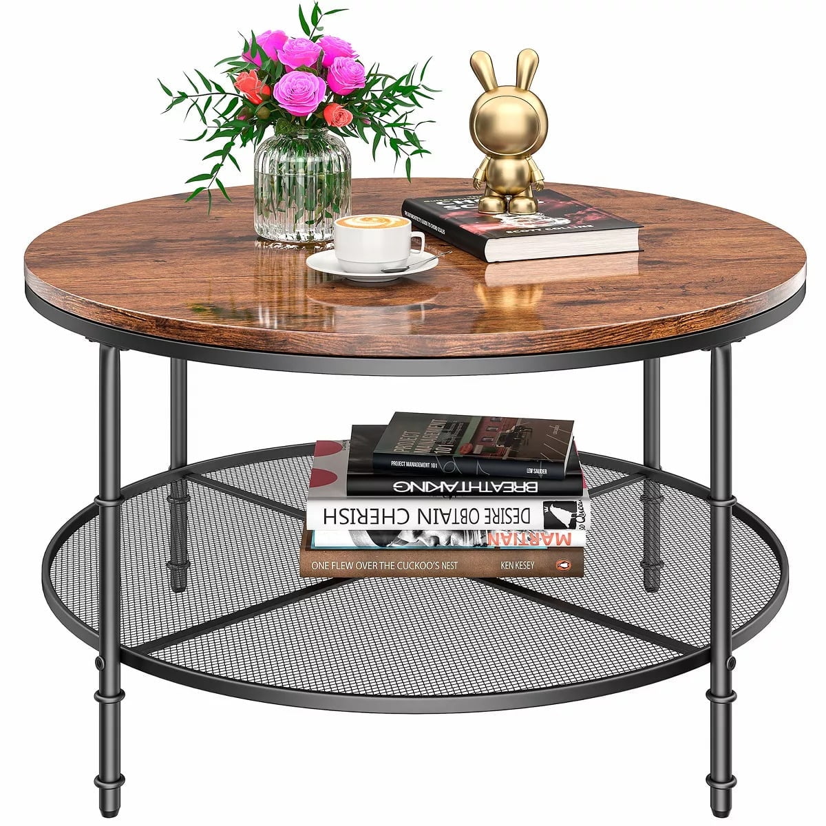 Furnibear Round Coffee Table with Metal Frame, Rustic Wood Finish Accent Table with Wooden Tabletop and Padded Feet for Living Room