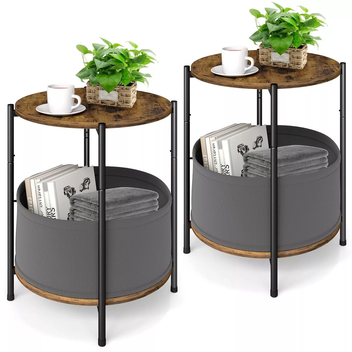 Furnibear Set of 2 Round Side Table Set Night Stand with Removable Fabric Baskets and Wooden Top