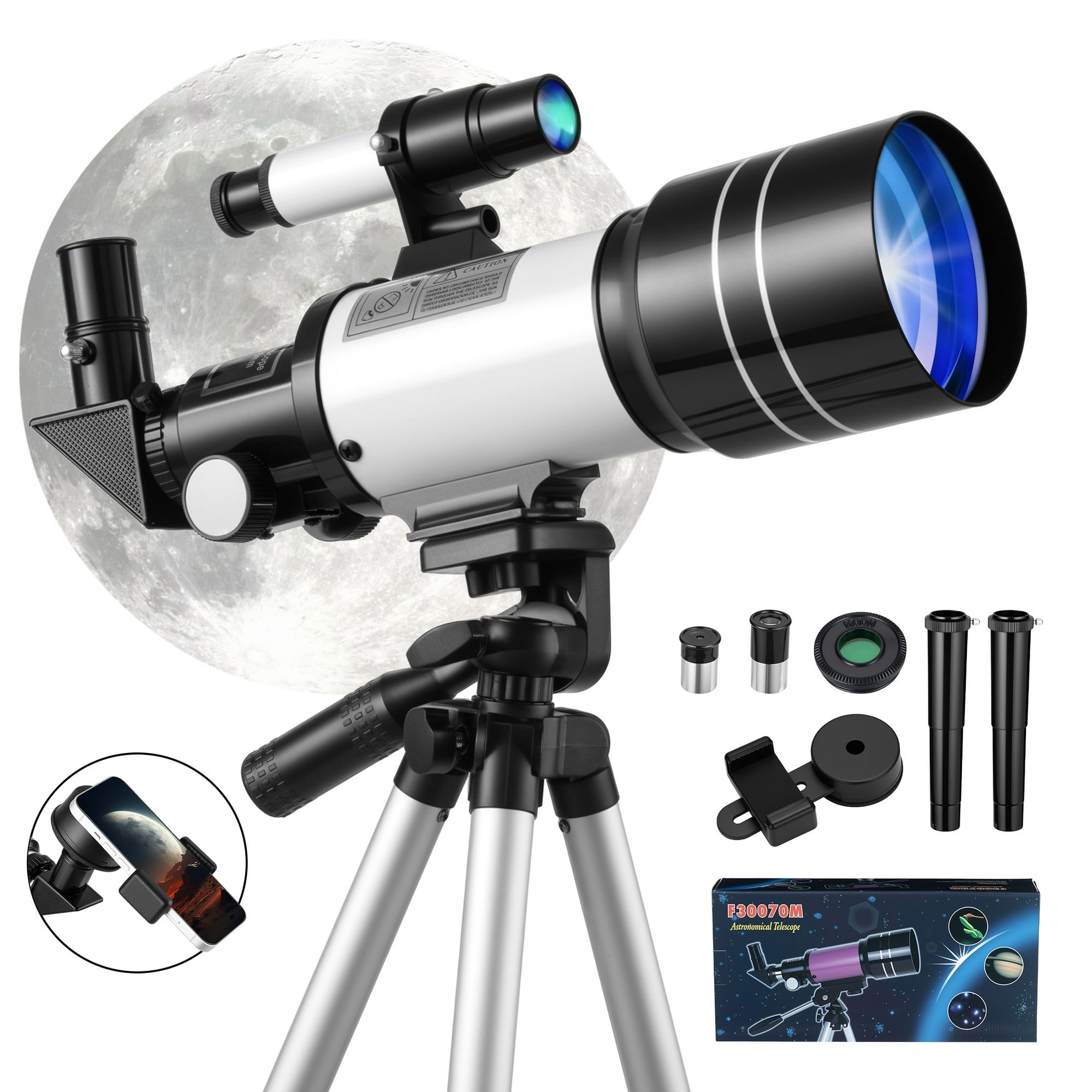 Furnibear Telescope for Kids and Adults 70mm Aperture High Powered Refractor Astronomy Telescope with Tripod and Phone Adapter,White