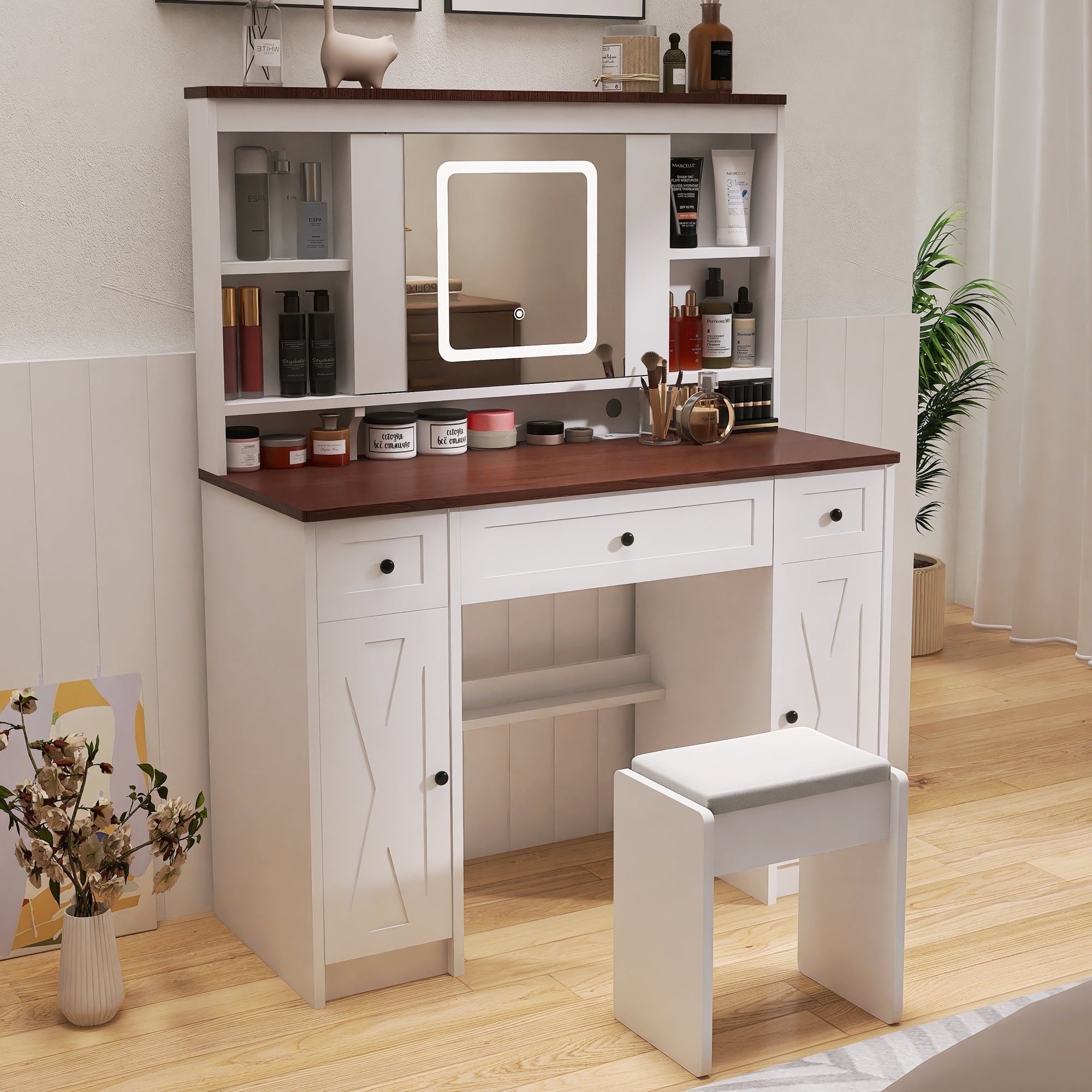 Furnibear Vanity Desk Set with Mirror and Light, Farmhouse Makeup Table with Charging Station, Drawers and Cabinet, 3 Color Modes Brightness Adjustable