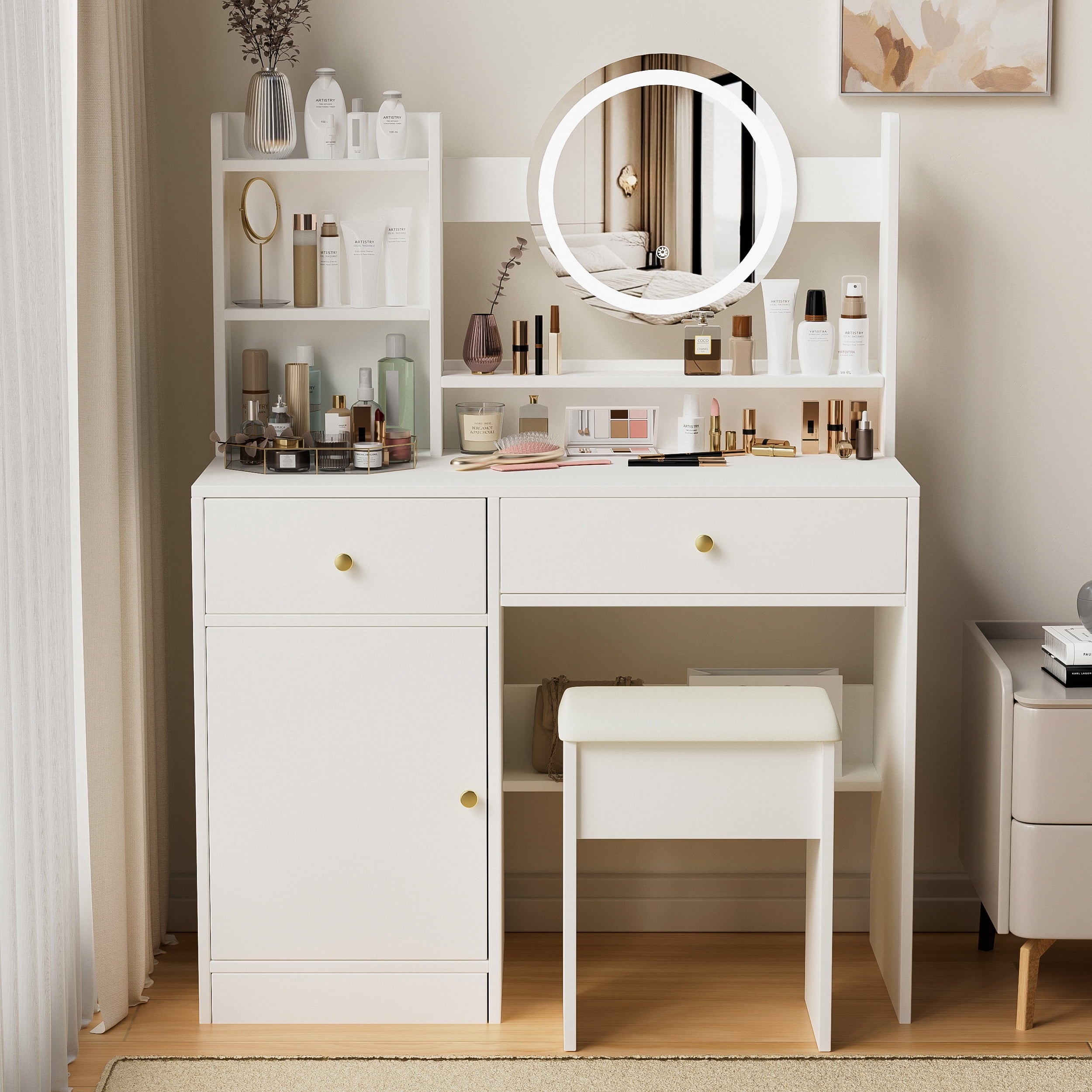Furnibear 36in Vanity Desk Set, Makeup Table with Drawers, Dressing Table with Mirror and LED Lights, 3 Lighting Modes, Multifunctional Makeup Writing Desk for Bedroom