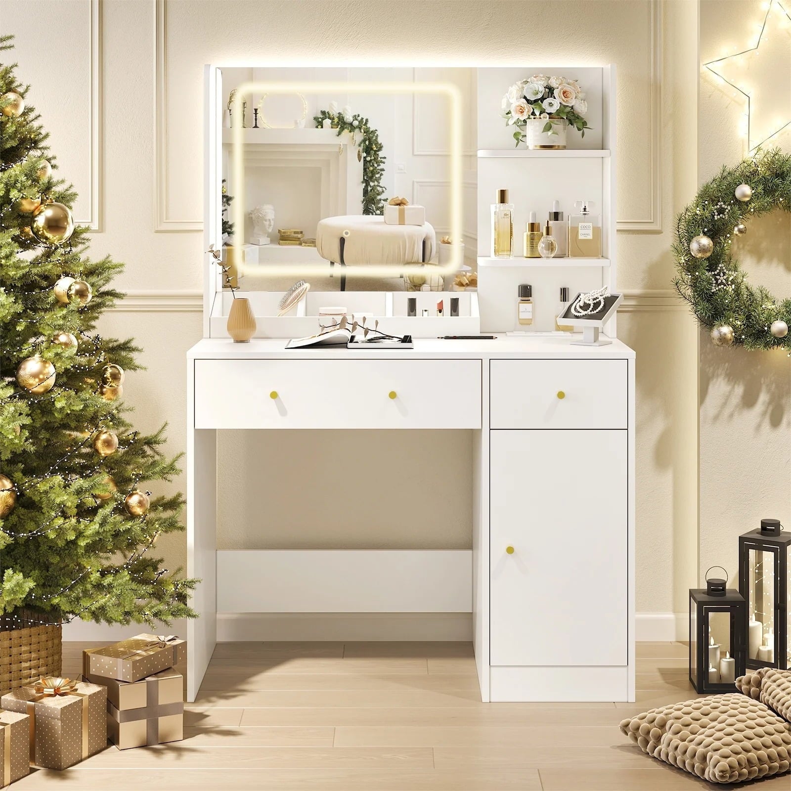 Furnibear Vanity Desk with Mirror, LED Lights and Power Outlet Makeup Vanity Table Dressing Table for Bedroom Dressing Room,White