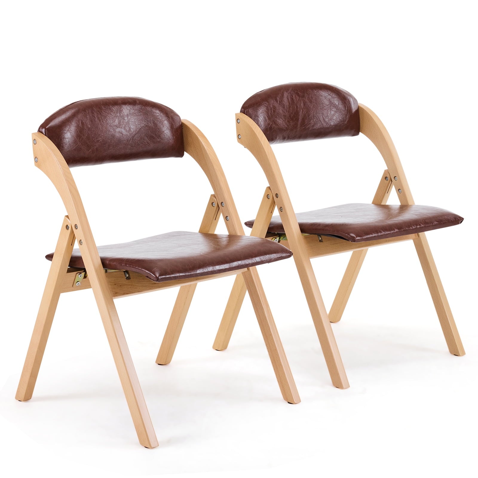 Furnibear Wood 2 Pack Folding Chairs, PU Leather Padded Protable Chairs