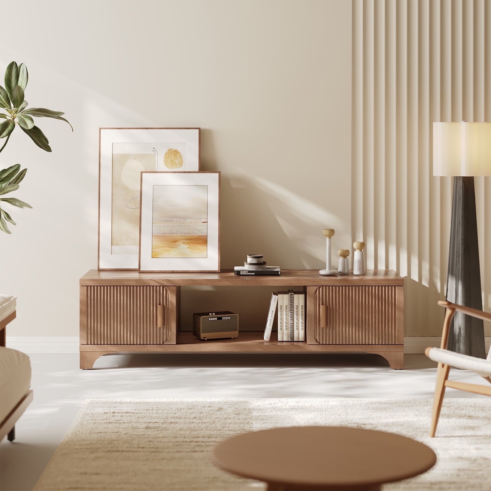 Furnibear Wood TV Stand Up to 75 Inch for Living Room, Mid Century Modern Entertainment Center, TV Console with Fluted Door Cabinets and Open Shelves, for Bedroom,Dark Brown