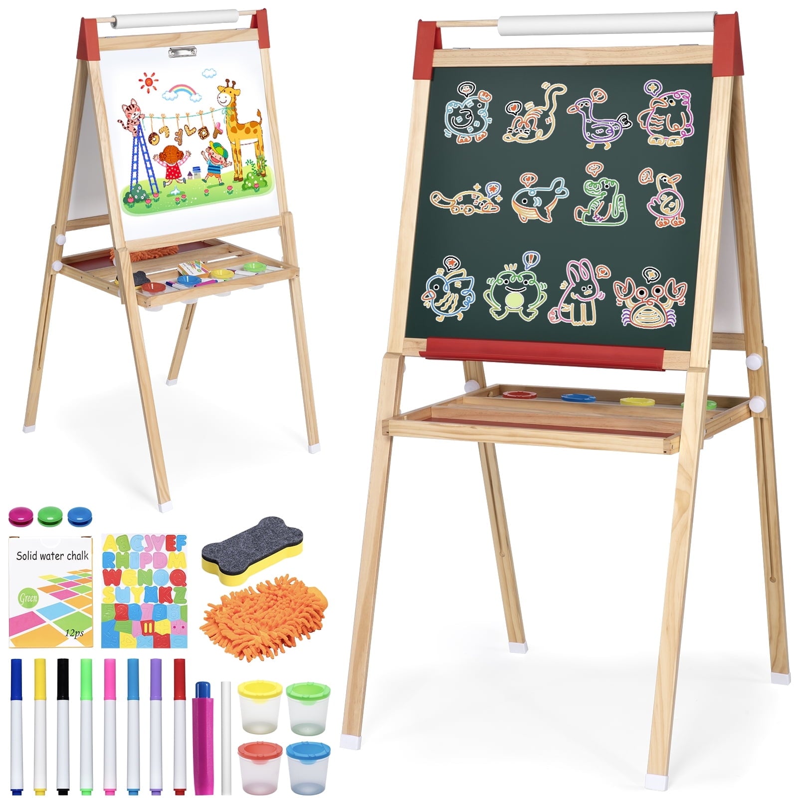 Furnibear Wooden Height-Adjustable Kids Art Easel (Fits Ages 3-12) - Double-Sided Magnetic Board (Dry Erase Whiteboard + Chalkboard), Smooth Burr-Free, Easy to Clean, Wood color