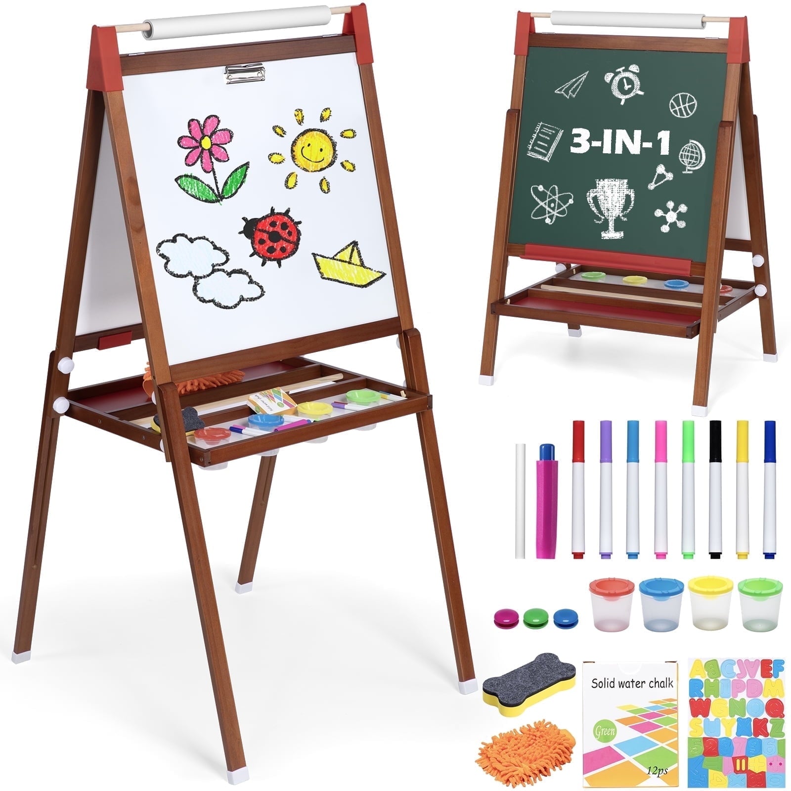 Furnibear Wooden Height-Adjustable Kids Art Easel Fits Ages 3-12 - Dou