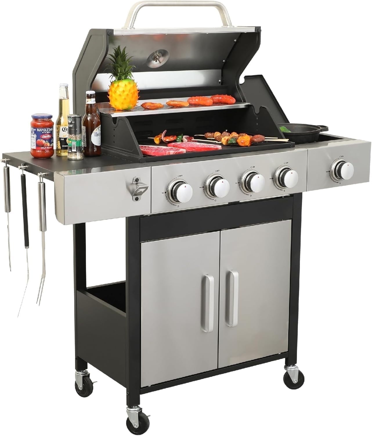 Furnibear 4-Burner Gas Grill Side Burner, Propane Stainless Steel BBQ Grill with Porcelain-Enameled Cast Iron Grates, 46790 BTU Barbecue Grill for Outdoor Cooking