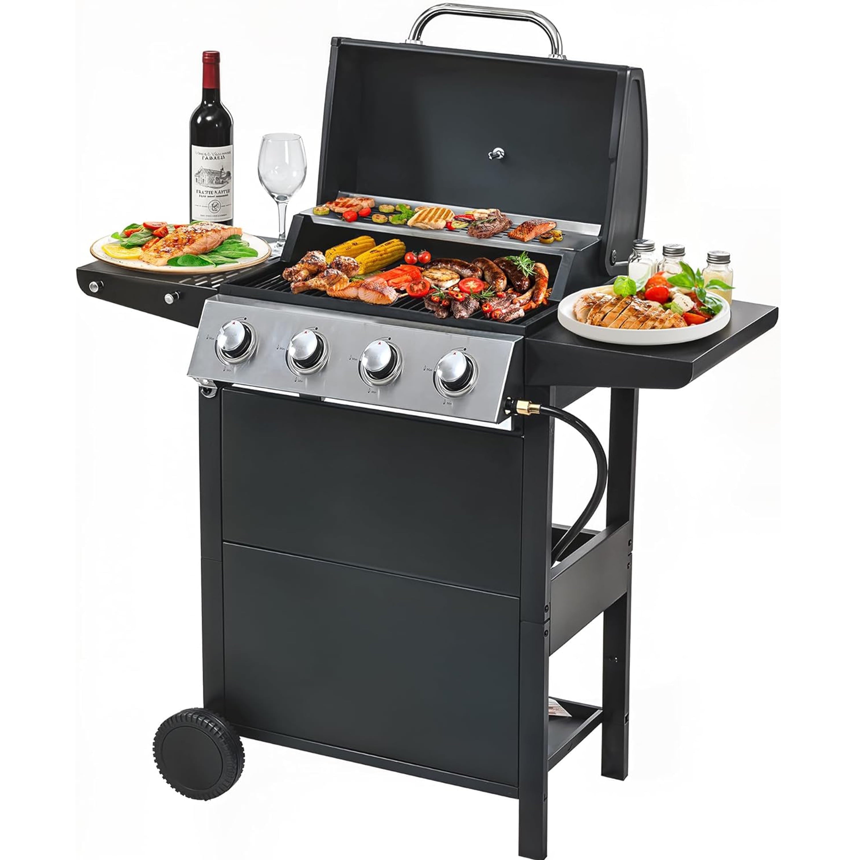 Furibear 4 Burners BBQ Propane Gas Grill, Freestanding Grill Cart with Wheels, Stainless Steel Heavy-Duty Cabinet Style, Outdoor BBQ Grill for Garden Backyard Cooking Barbecue