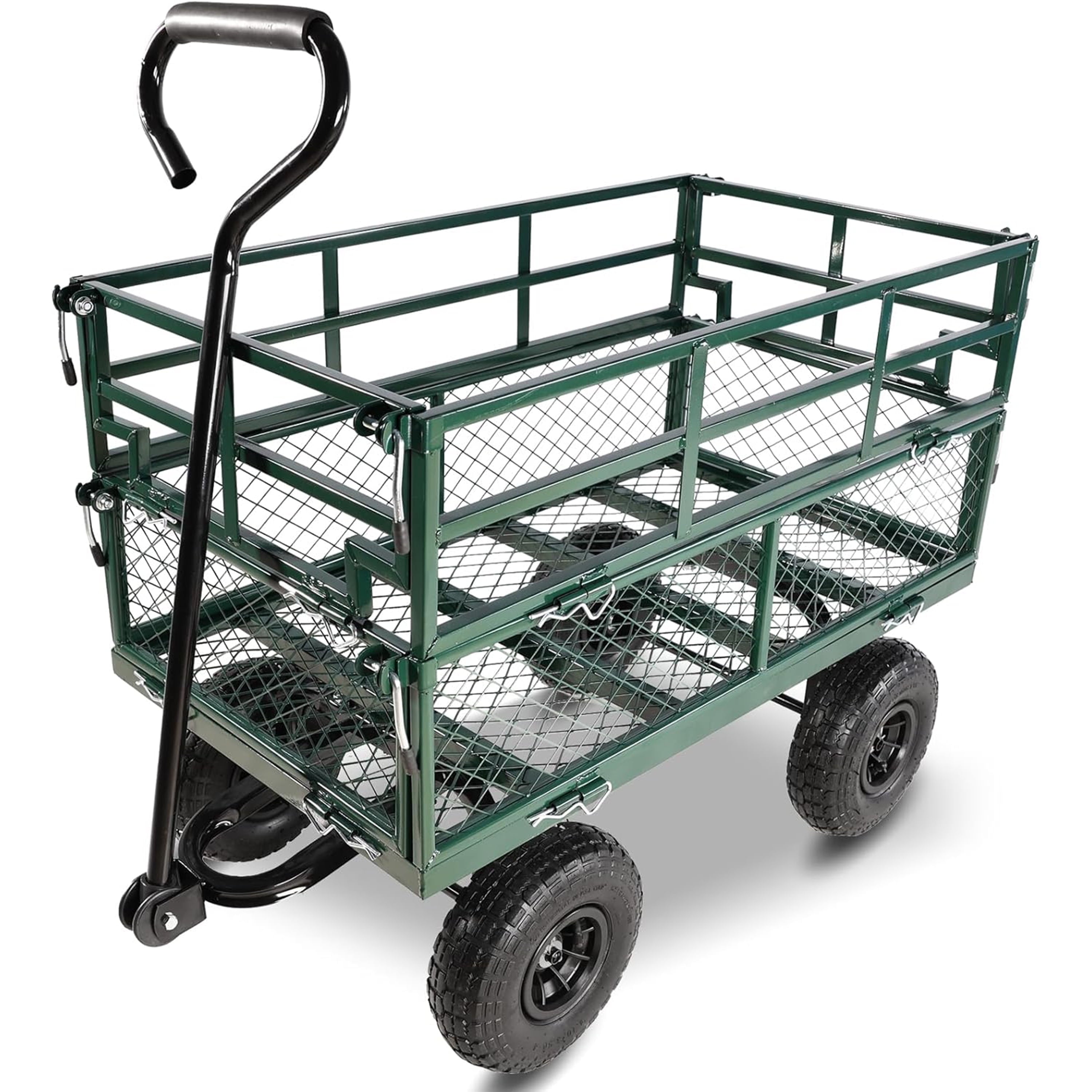 Furnibear Heavy Duty Steel Garden Cart 1500lbs Capacity, 6.35 cu ft, 40.55in x 27.56in Folding Utility Wagon with Double-Layer Removable Side, Green
