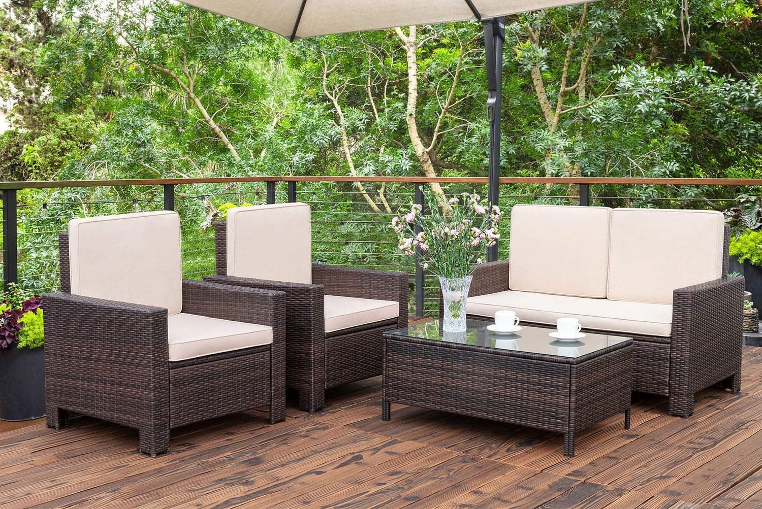 Furnibear 4 Pieces Outdoor Patio Furniture Sets Rattan Chair Wicker Conversation Sofa Set, Outdoor Indoor Backyard Porch Garden Poolside Balcony Use Furniture, Beige