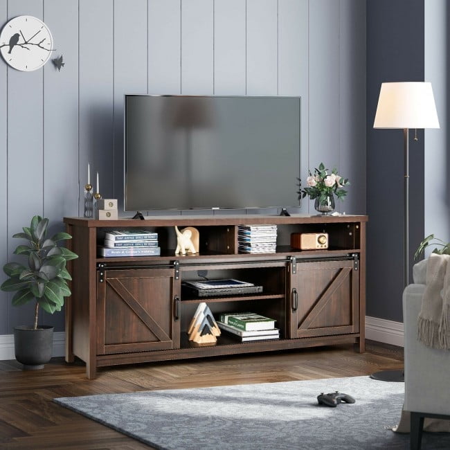 Furnibear 59 Inch Retro TV Stand with Sliding Double Barn Door