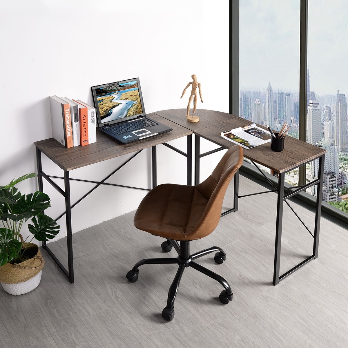 Furnibear L-Shape Desk Computer Desk Office Table Laptop Writing Study Workstation Metal Frame,Brown