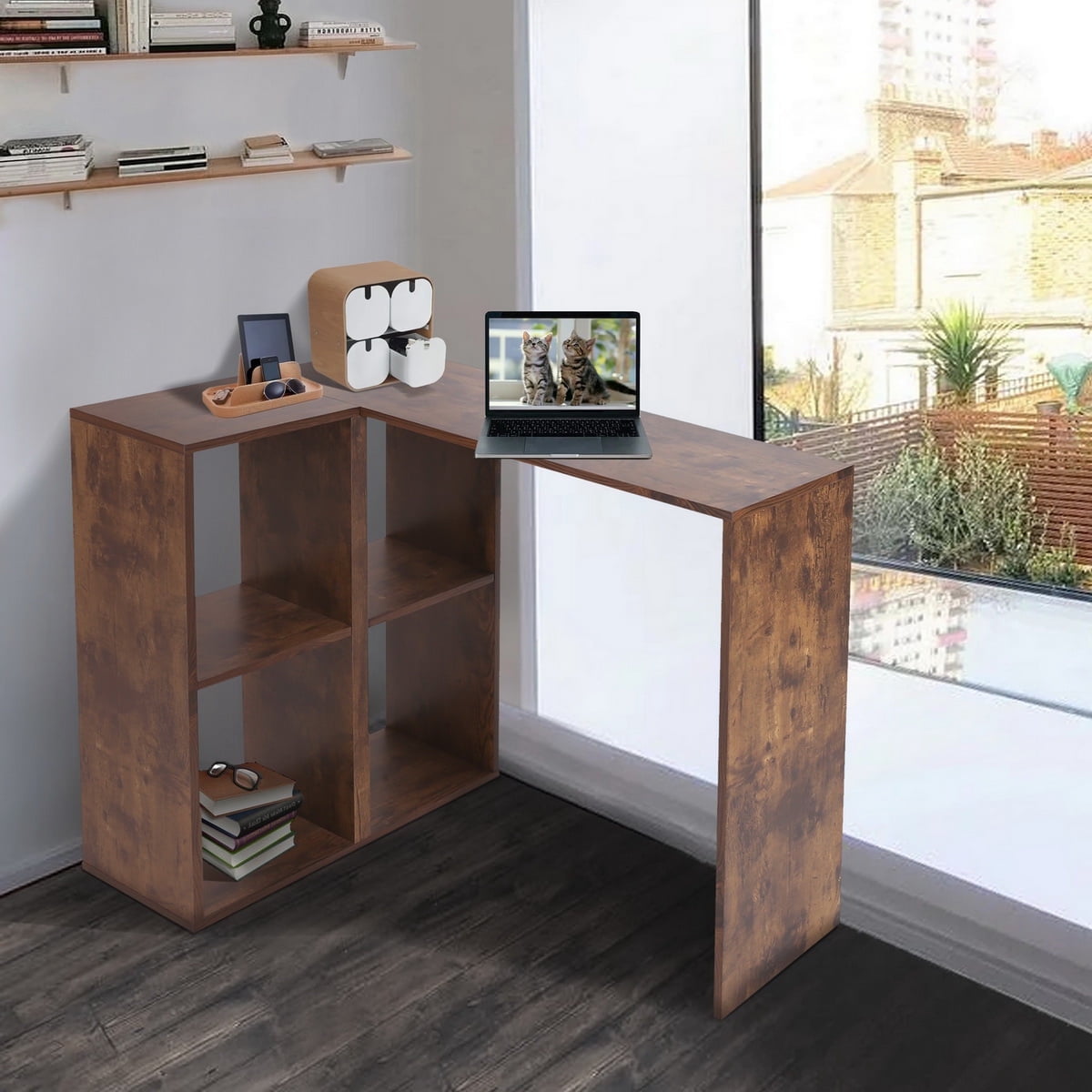 Furnibear L-Shaped Corner Desk Computer Desk Study Writing Desk with Shelf Reversible Laptop Notebook Table