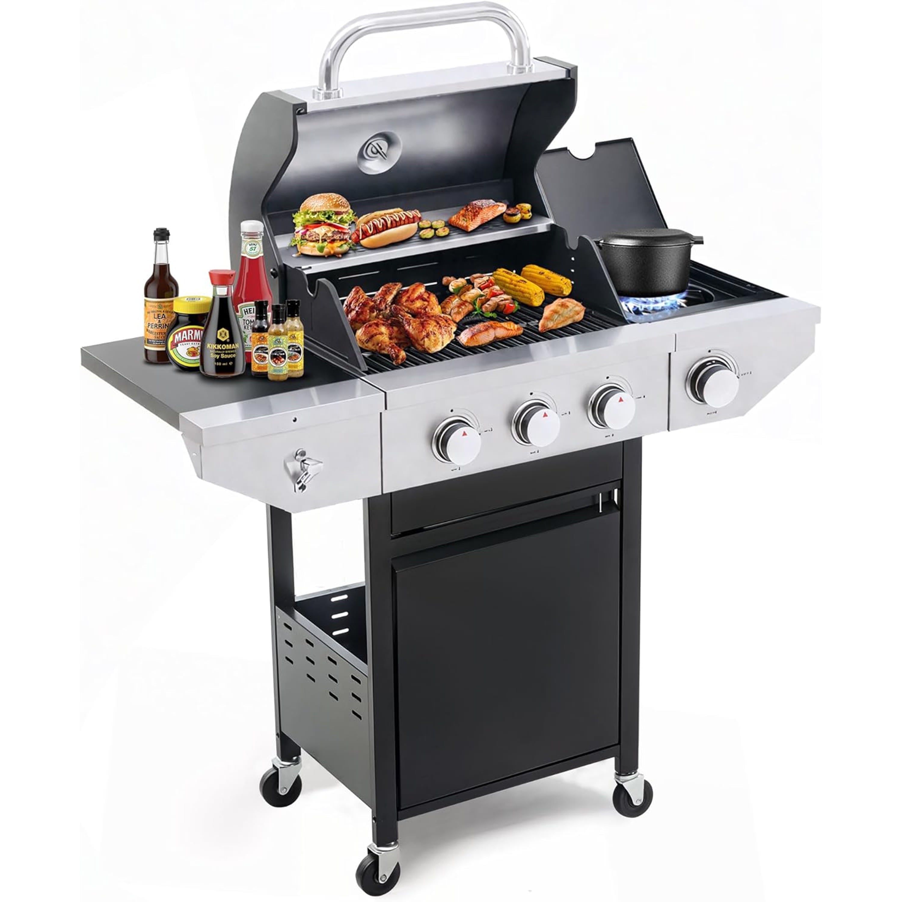 Furnibear Propane Grill 3 Burner Barbecue Grill Stainless Steel Gas Grill with Side Burner and grill Cover
