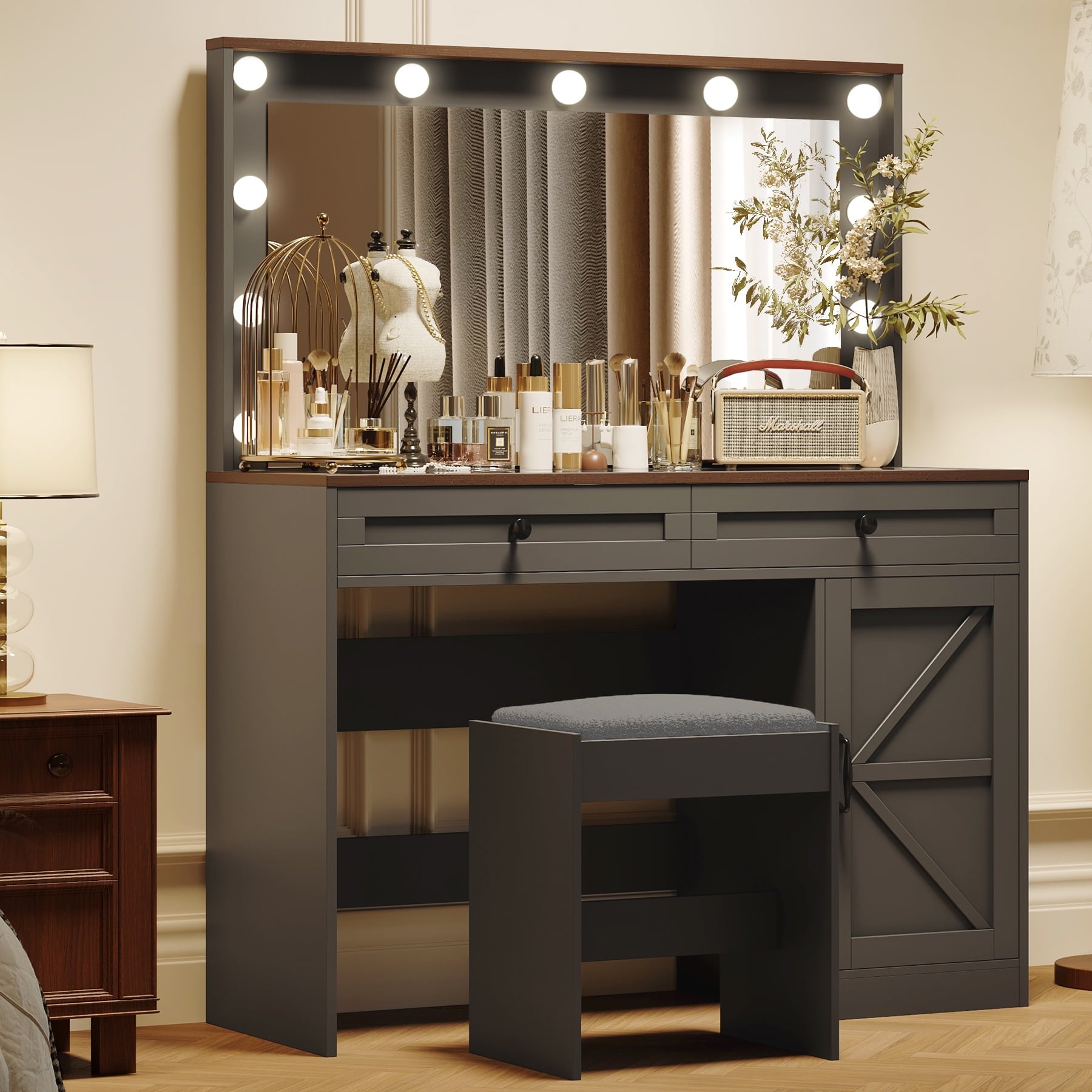 Furnibear Vanity Desk Set with Mirror and Light, Makeup Table with 2 Drawers and Cabinet, 3 Color Modes Brightness Adjustable