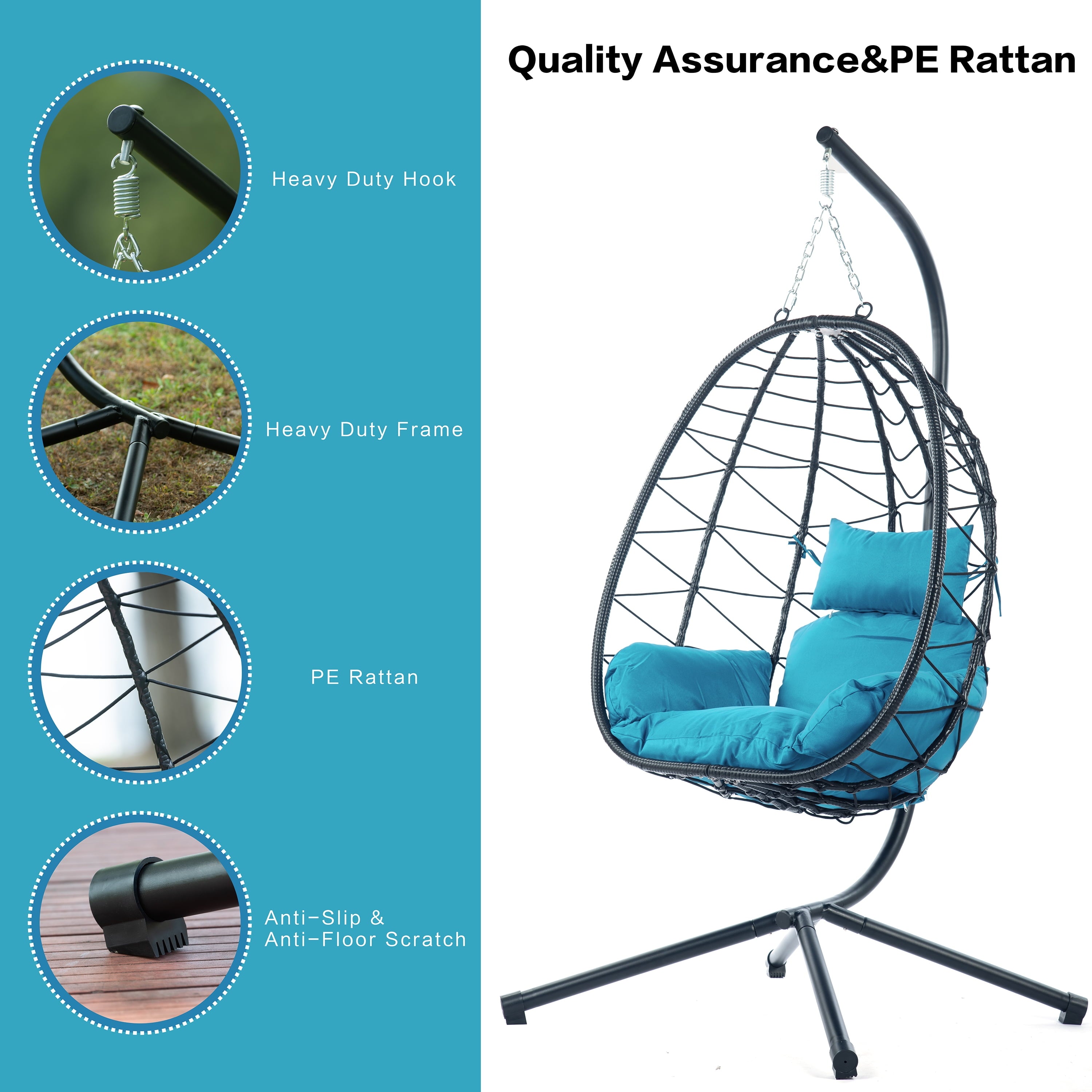 Furnibear Egg Chair with Stand,Patio Rattan Wicker Hanging Swing Egg Chair Hammock Chair for Bedroom Porch Garden,Thickened Aluminum Alloy Steel Frame