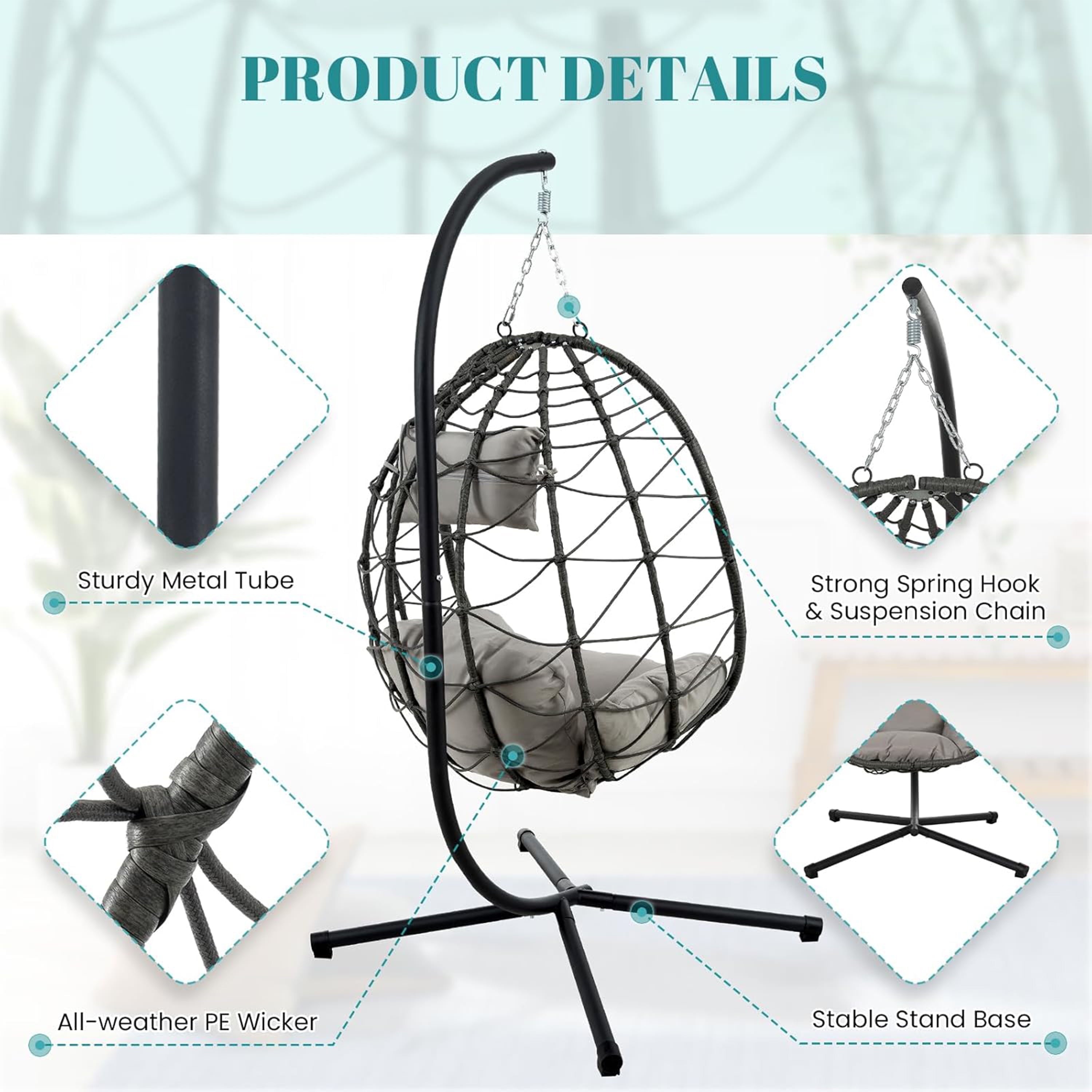 Furnibear Egg Chair with Stand,Patio Rattan Wicker Hanging Swing Egg Chair Hammock Chair for Bedroom Porch Garden,Thickened Aluminum Alloy Steel Frame