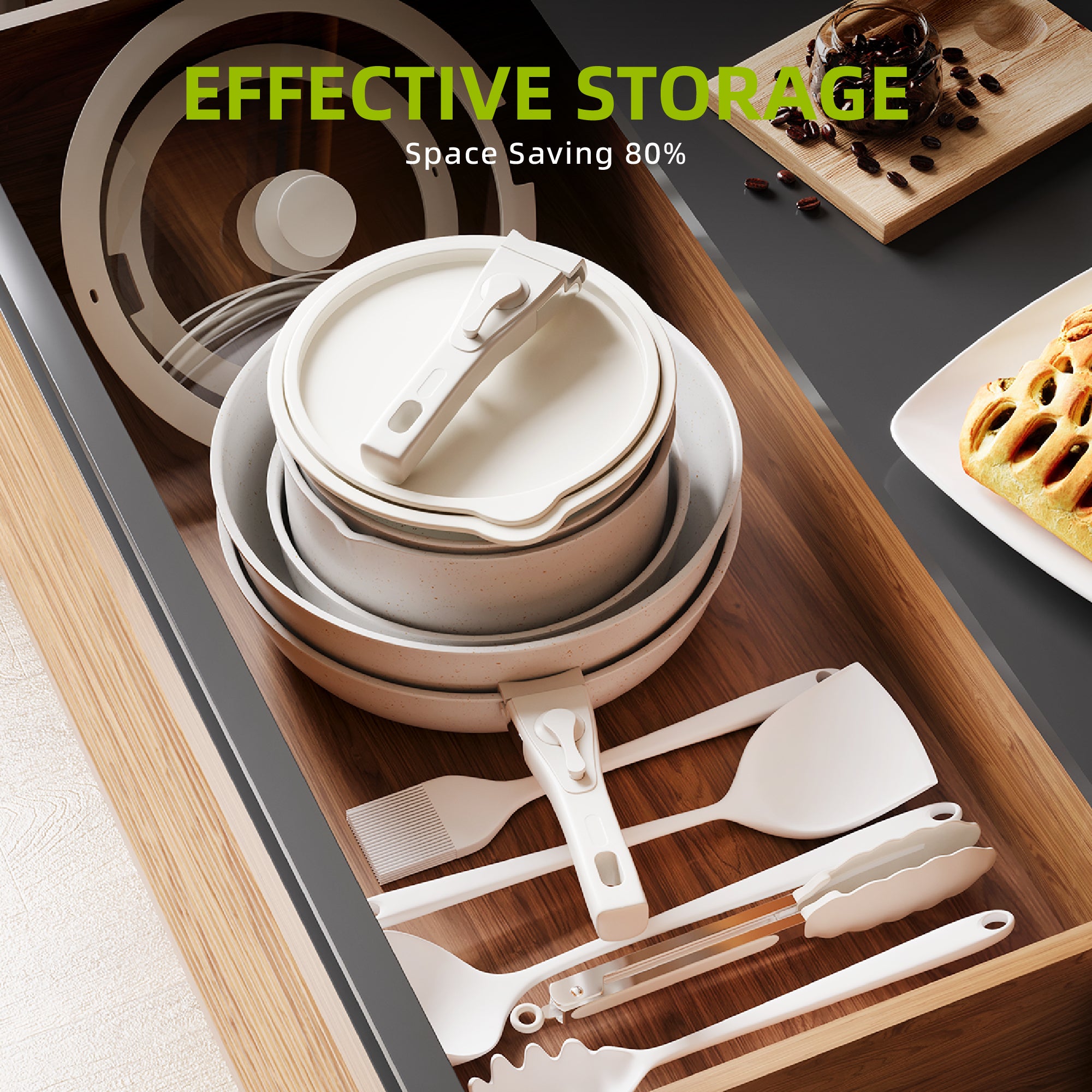 Furnibear 20pcs Pots and Pans Set Nonstick, Kitchen Ceramic Cookware Set for RV and Camping, with Pots Protectors and Cooking Utensils, White