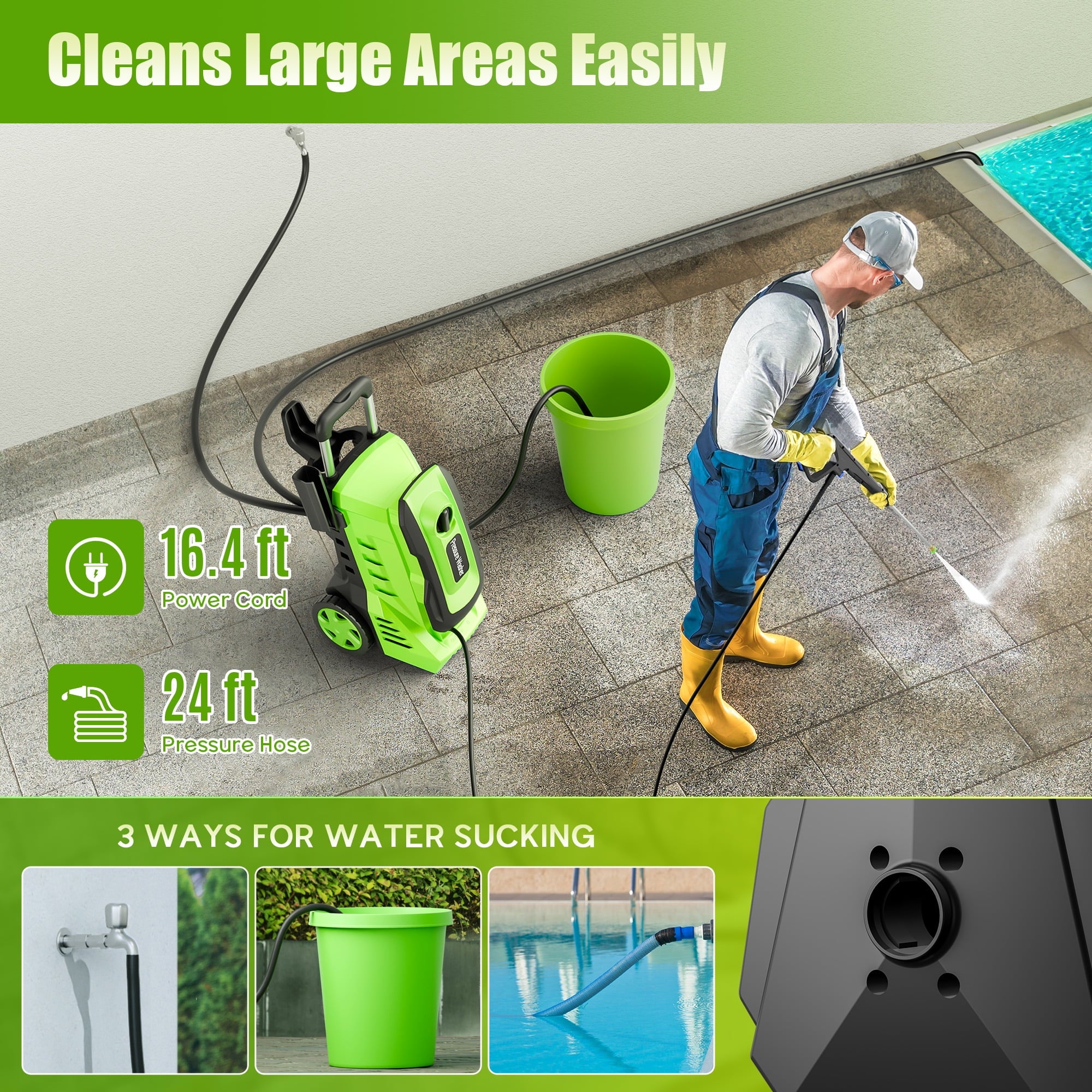 Electric Pressure Washer, 3800PSI 2.6 GPM Power Washer with 5 Quick Connect Nozzles, High Pressure Cleaning Machine with Foam Cannon for Cars, Fences, Patios, Driveway,Green
