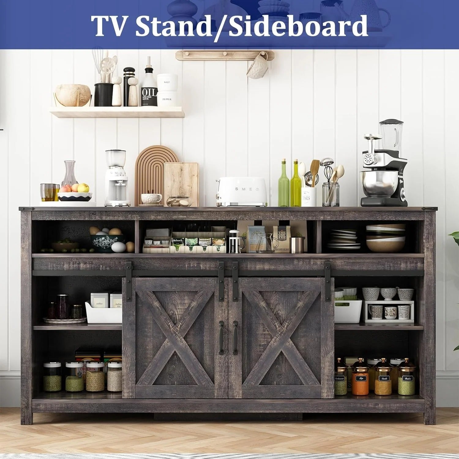 Furnibear 62 inch Farmhouse TV Stand up to 75in TVs and 23in Electric Fireplace, 2 Doors Wood Cabinet with Storage Shelves,Dark Brown