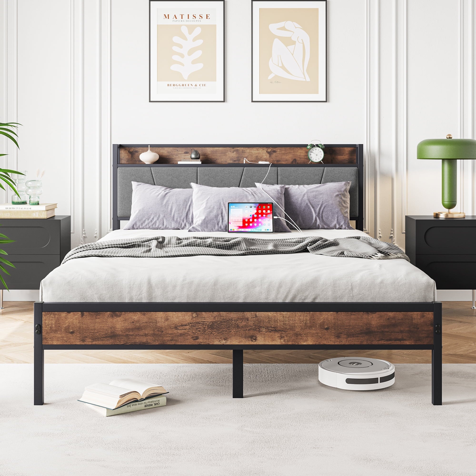 Furnibear Queen SIZE Bed Frame with Storage Headboard and USB Charging Station, Sturdy Shake-Free Platform, No Box Spring Needed, Easy Tool-Free Assembly