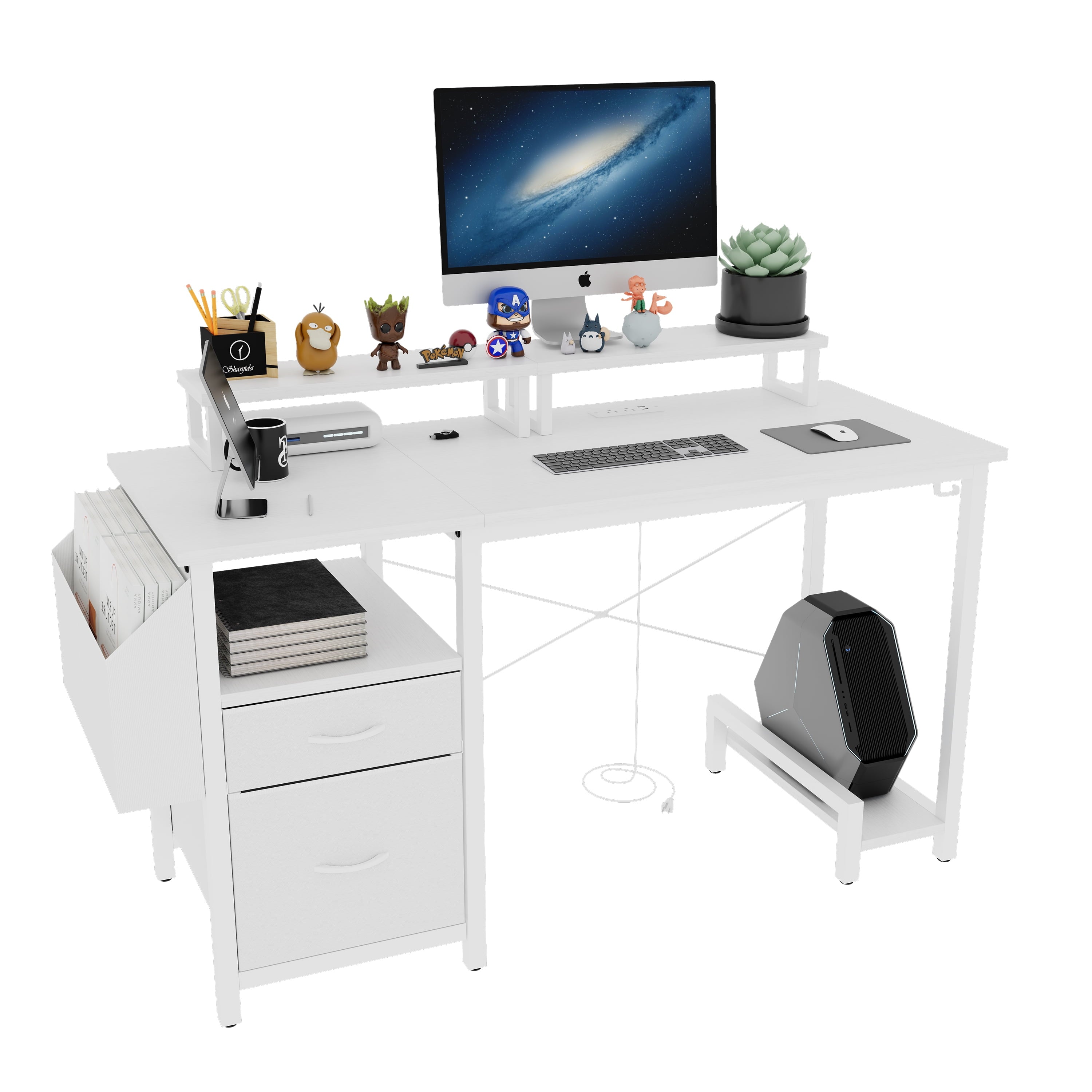 Furnibear Computer Desk with Drawer and Power Outlets, 47in Office Desk with 2 Monitor Stands and Fabric File Cabinet for Home Office, Small Space
