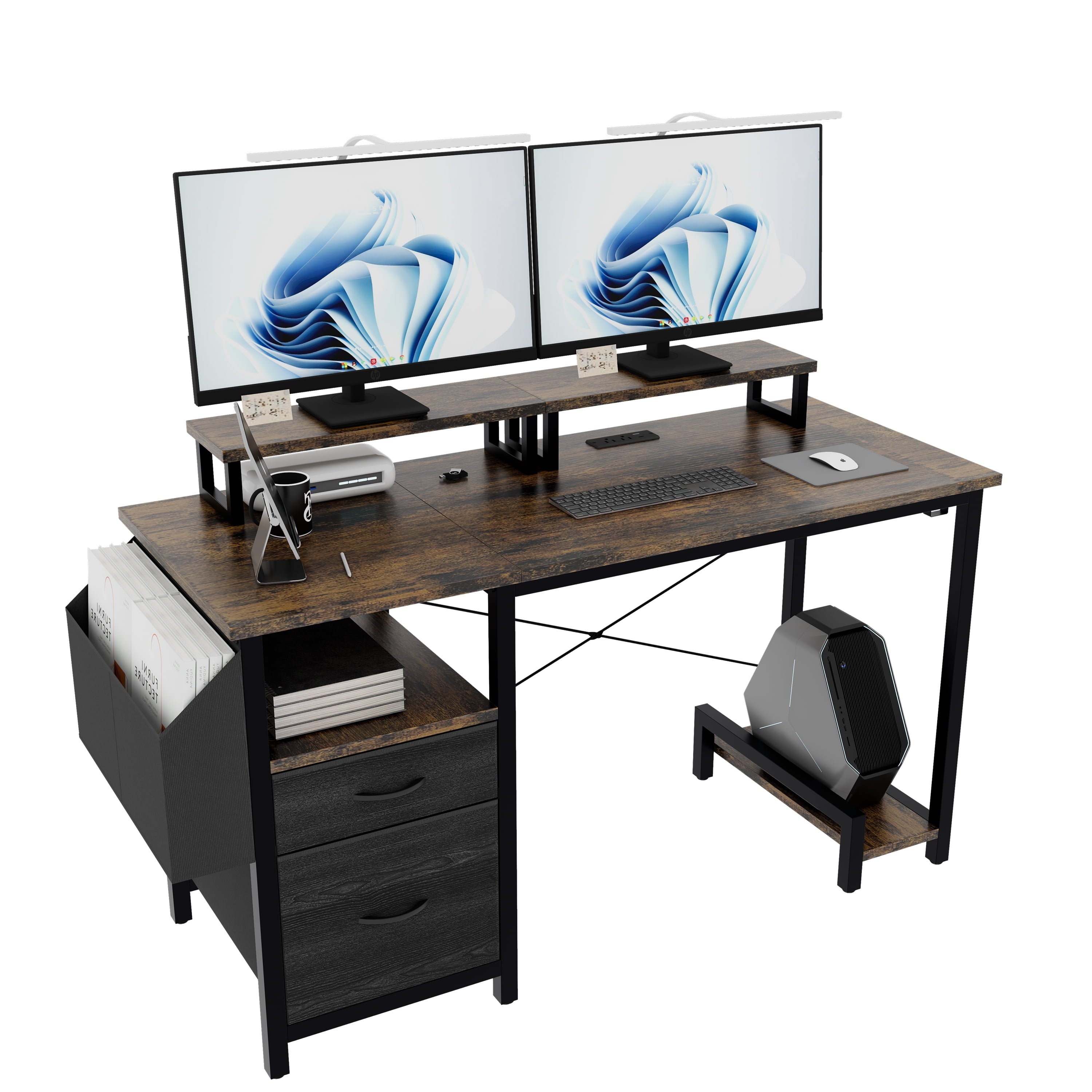 Furnibear Computer Desk with Drawer and Power Outlets, 47in Office Desk with 2 Monitor Stands and Fabric File Cabinet for Home Office, Small Space